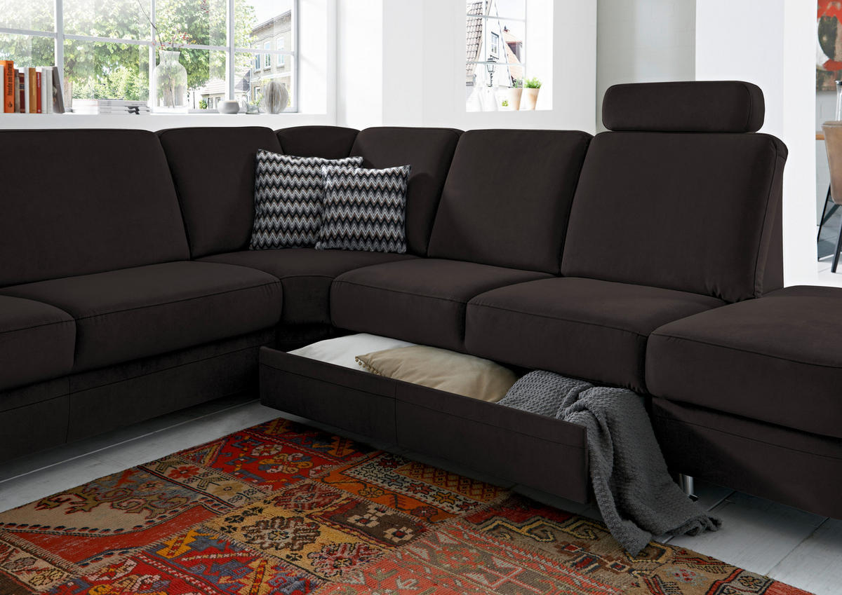 ECKSOFA in Flachgewebe Dunkelbraun  - Dunkelbraun/Alufarben, Konventionell, Textil/Metall (269/287cm) - Beldomo System