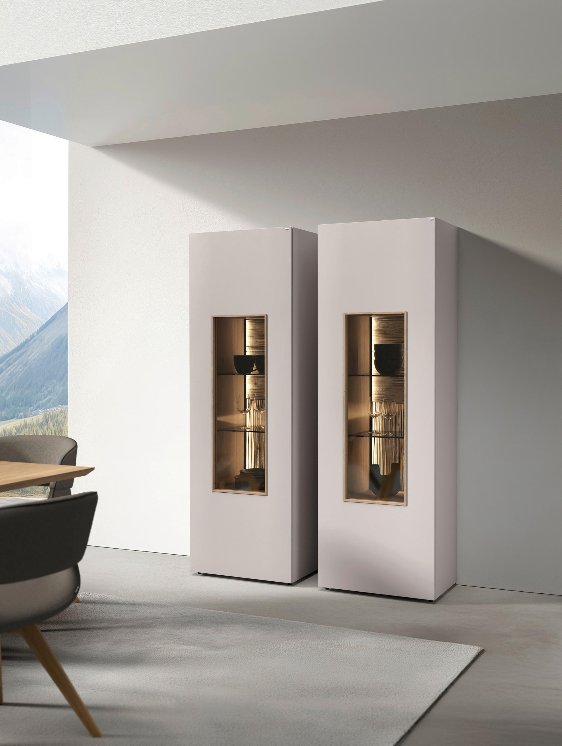 VITRINE  in furniert, mehrschichtige Massivholzplatte (Tischlerplatte) Wildeiche Taupe, Wildeiche - Taupe/Wildeiche, Design, Glas/Holz (63,8/194/42,9cm) - Voglauer