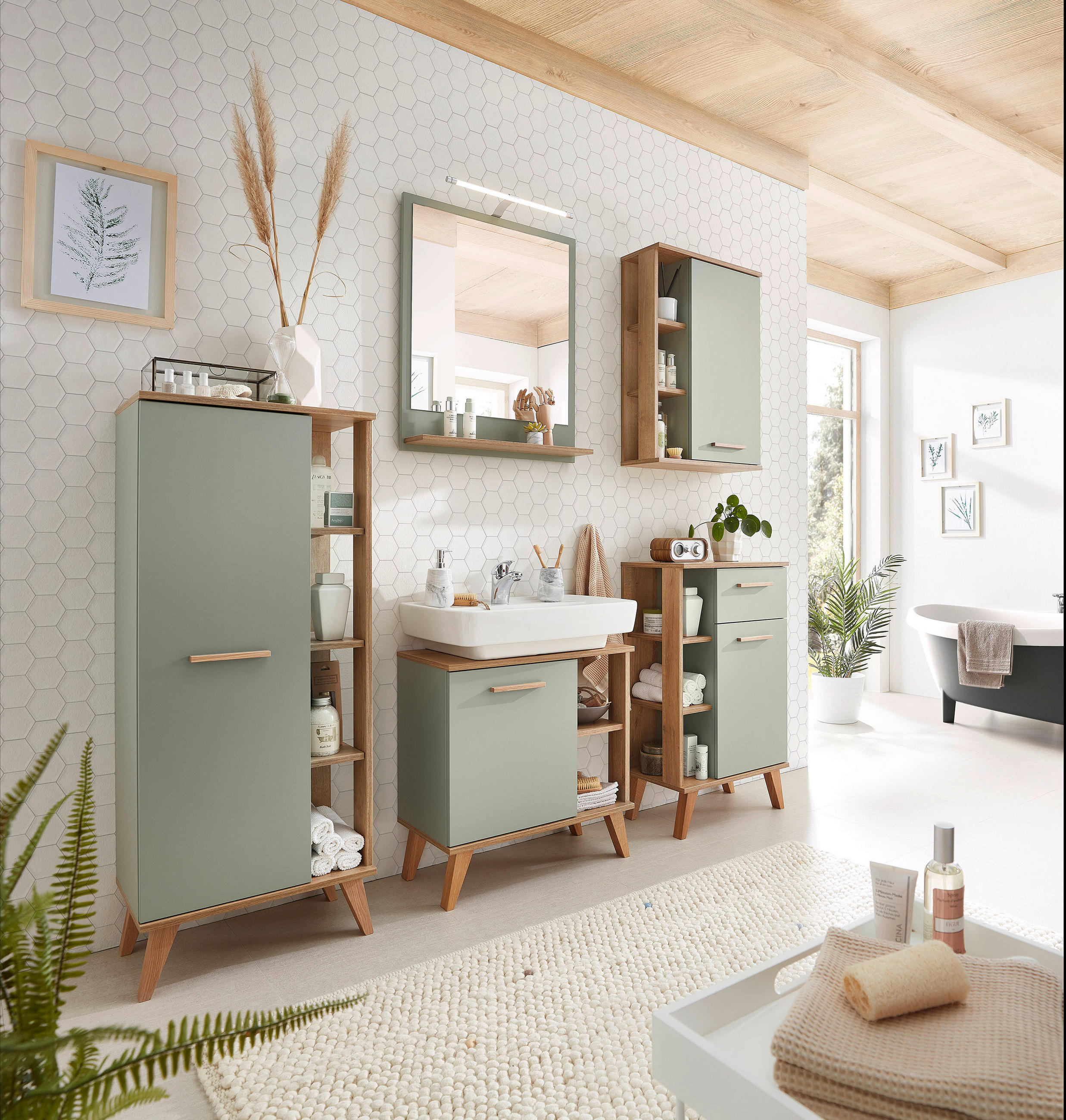 BADEZIMMERSPIEGEL 60/74,5/15,5 cm  - Eichefarben/Pastellgrün, Design, Holzwerkstoff (60/74,5/15,5cm) - Xora