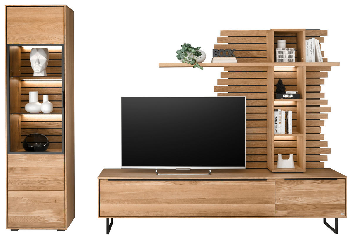 WOHNWAND  in Schwarz, Eichefarben  260/198/40 cm  - Eichefarben/Schwarz, Trend, Glas/Holz (260/198/40cm) - SetOne by Musterring