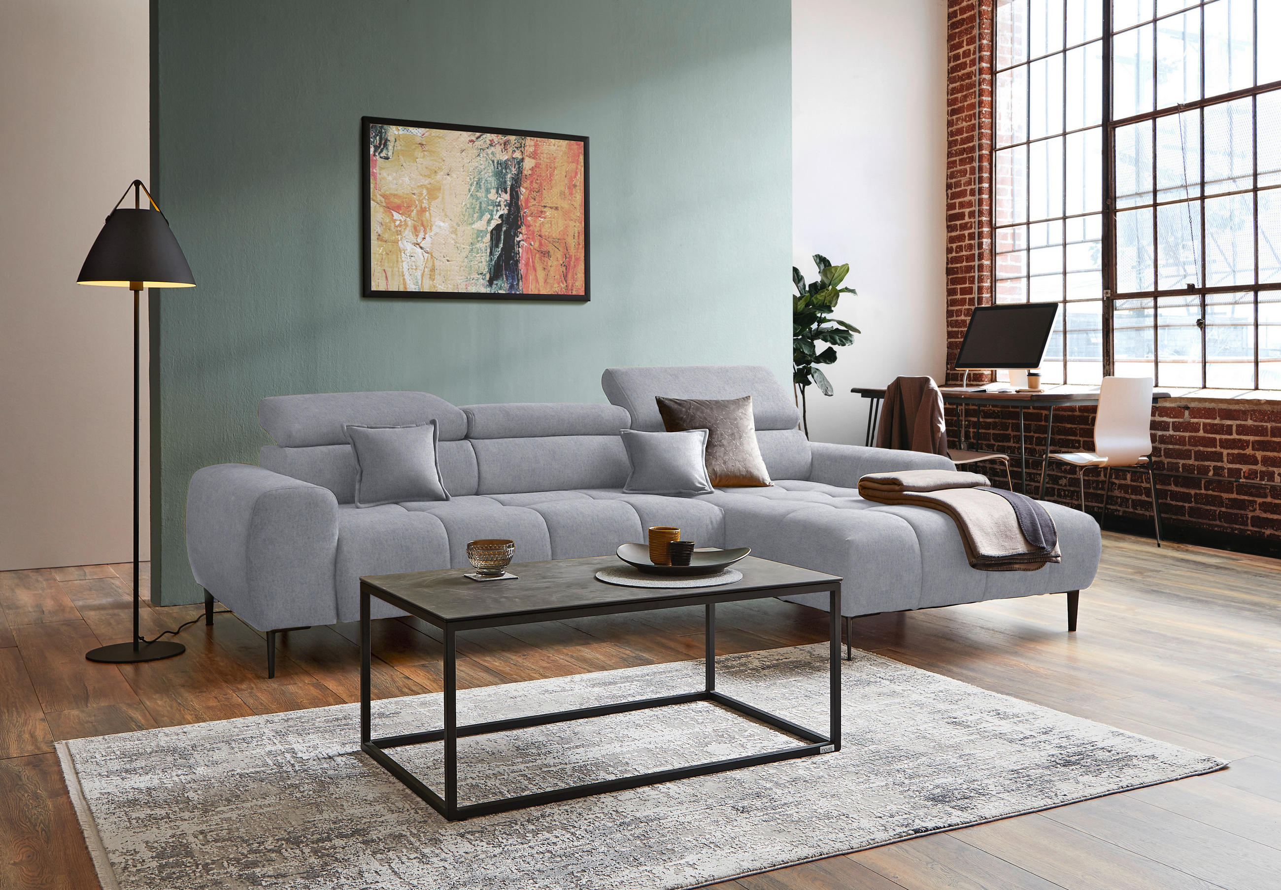 ECKSOFA in Samt, Webstoff Hellgrau  - Hellgrau/Schwarz, Design, Textil/Metall (270/177cm) - Welnova