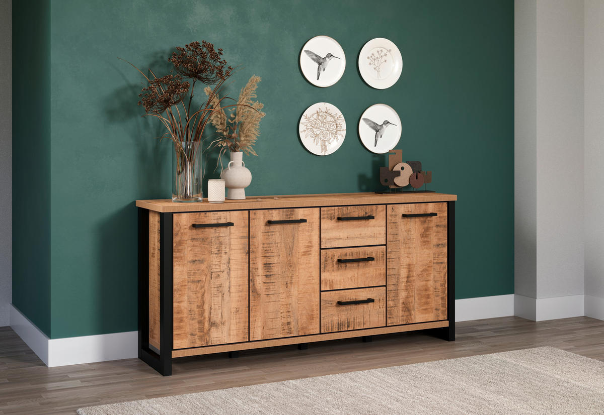 SIDEBOARD Sao Paulo WO 180/86/45 cm 3 Schublade(n)  - Schwarz/Naturfarben, Basics, Holzwerkstoff/Metall (180/86/45cm) - MID.YOU