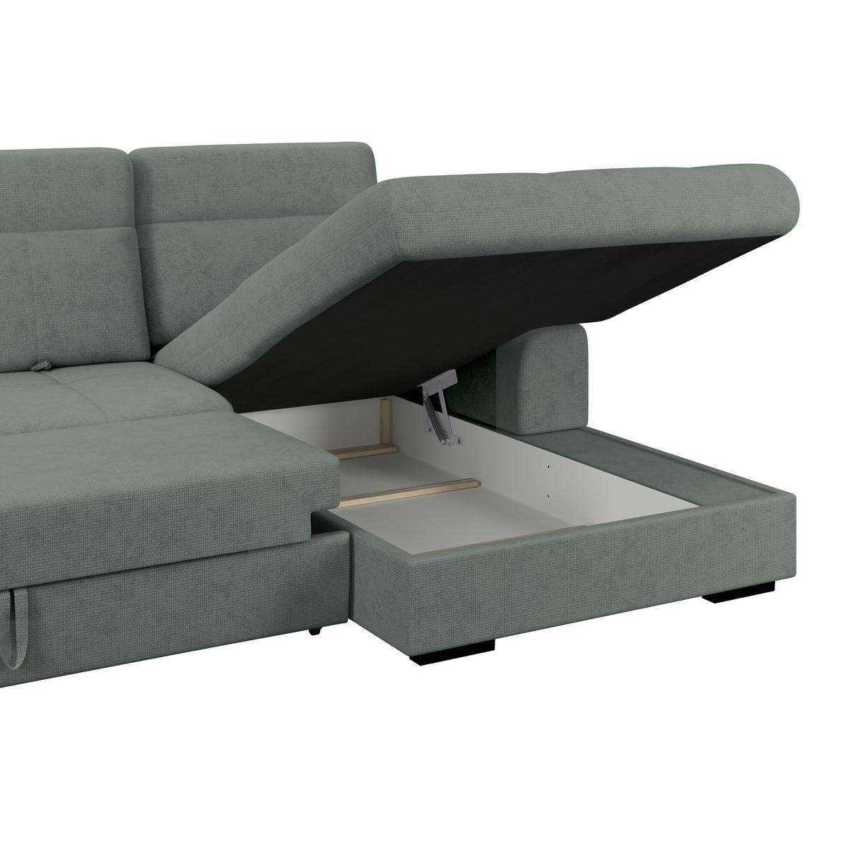 ECKSOFA Grün Chenille Rücken echt, Kopfteilverstellung  - Schwarz/Grün, KONVENTIONELL, Holz/Textil (286/203cm) - MID.YOU