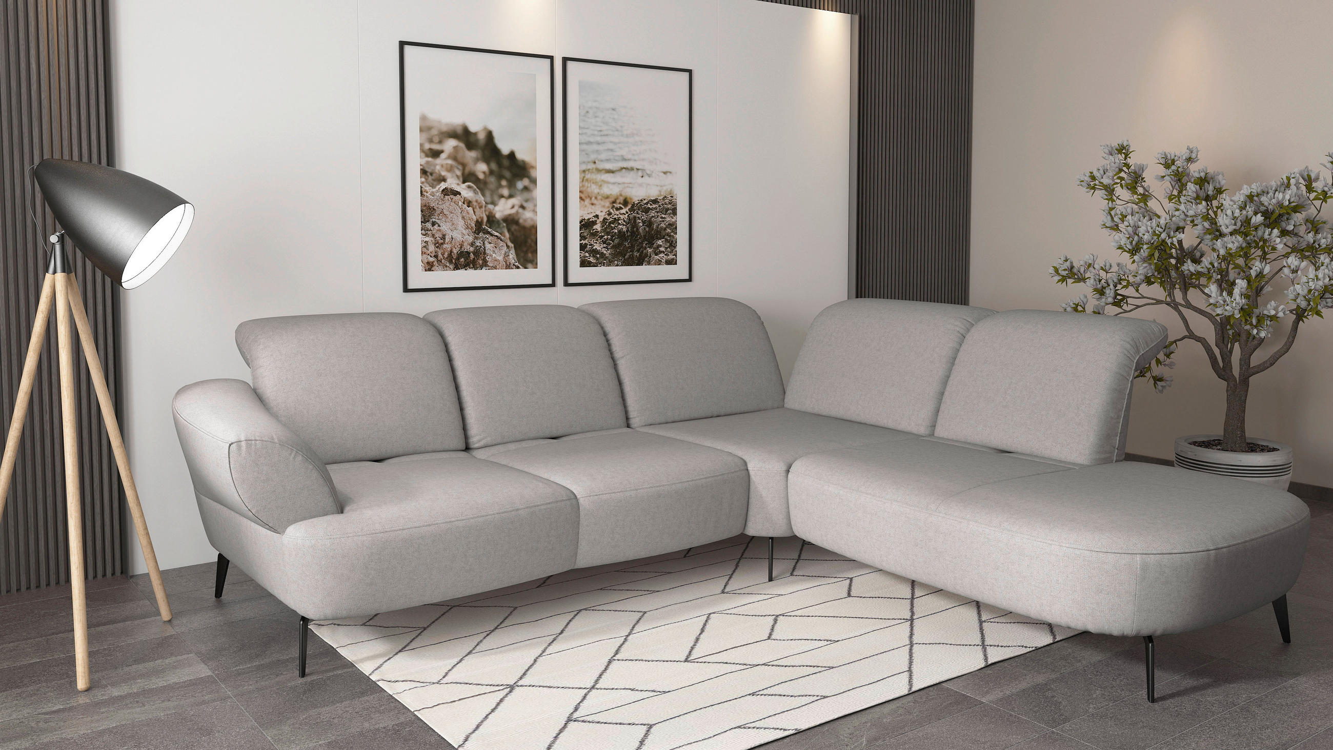 ECKSOFA DANCE E Hellgrau Flachgewebe Kopfteilverstellung, Sitztiefenverstellung  - Hellgrau/Schwarz, MODERN, Textil/Metall (302/270cm) - Sit & More