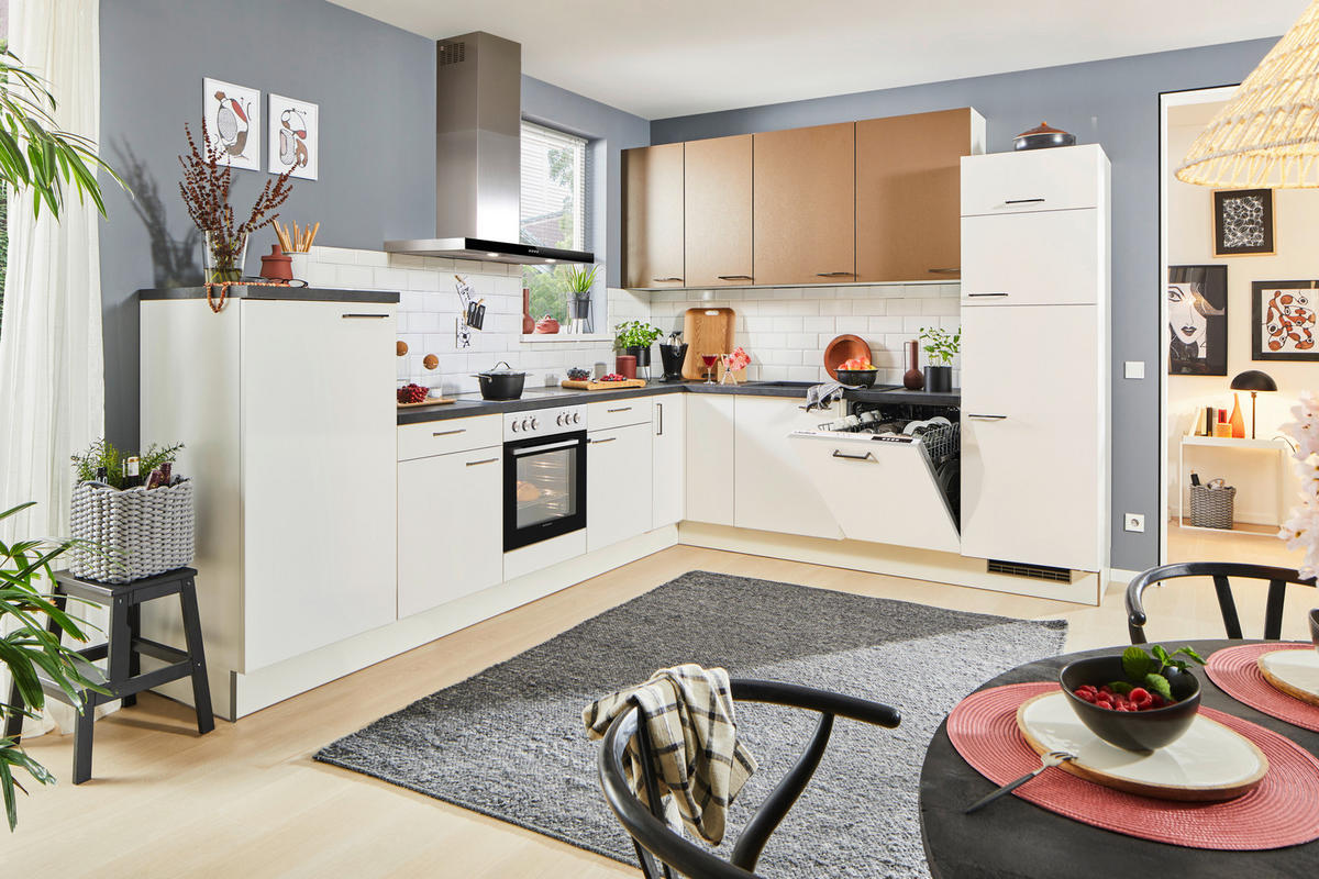 ECKKÜCHE 330/270 cm  in Weiß, Bronzefarben  - Schwarz/Weiß, Design, Holzwerkstoff/Metall (330/270cm) - Xora