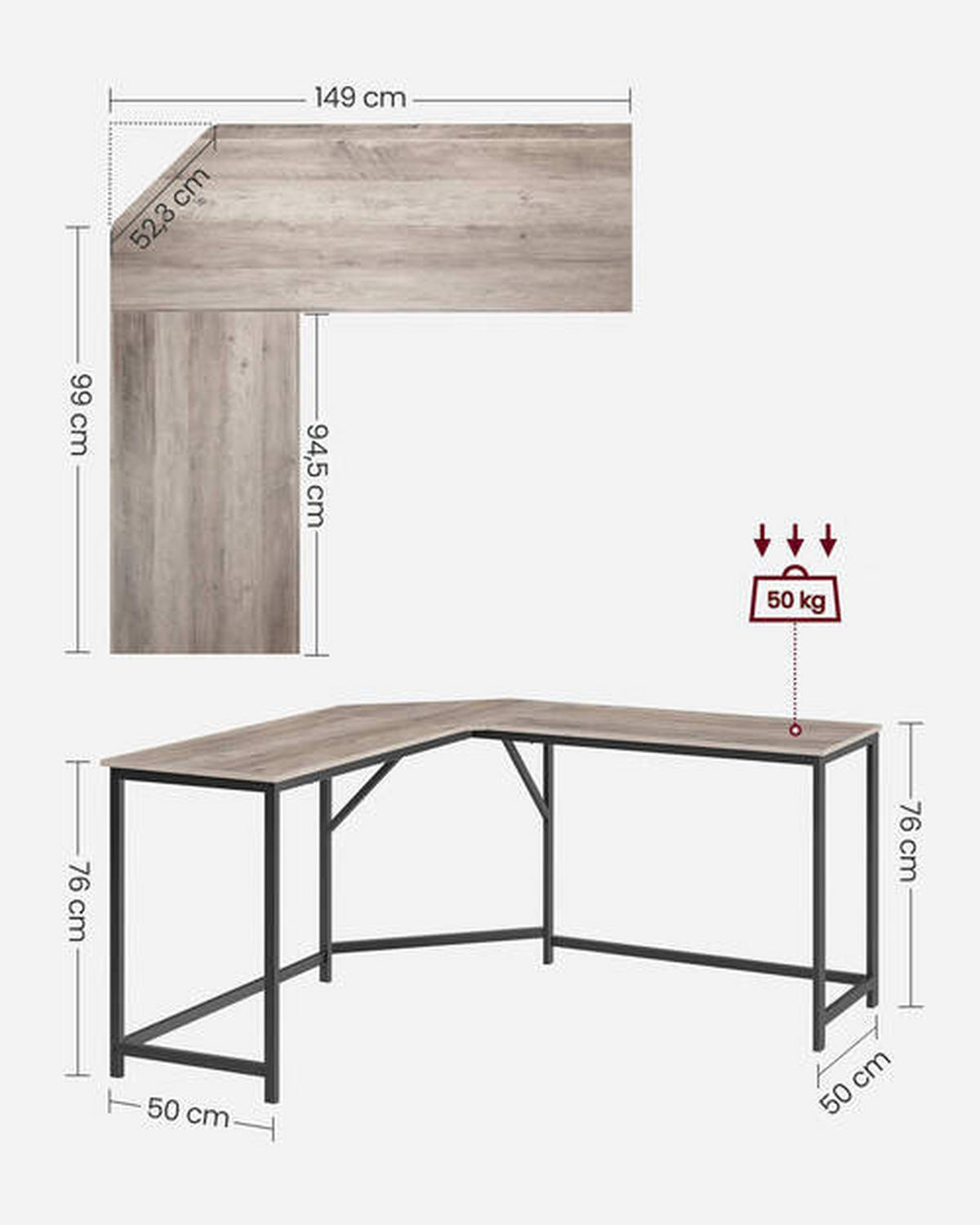 ECKSCHREIBTISCH 149/149/75 cm Schwarz, Eiche grau Kabeldurchlass  - Eiche grau/Schwarz, Basics, Holzwerkstoff/Metall (149/149/75cm) - Boxxx