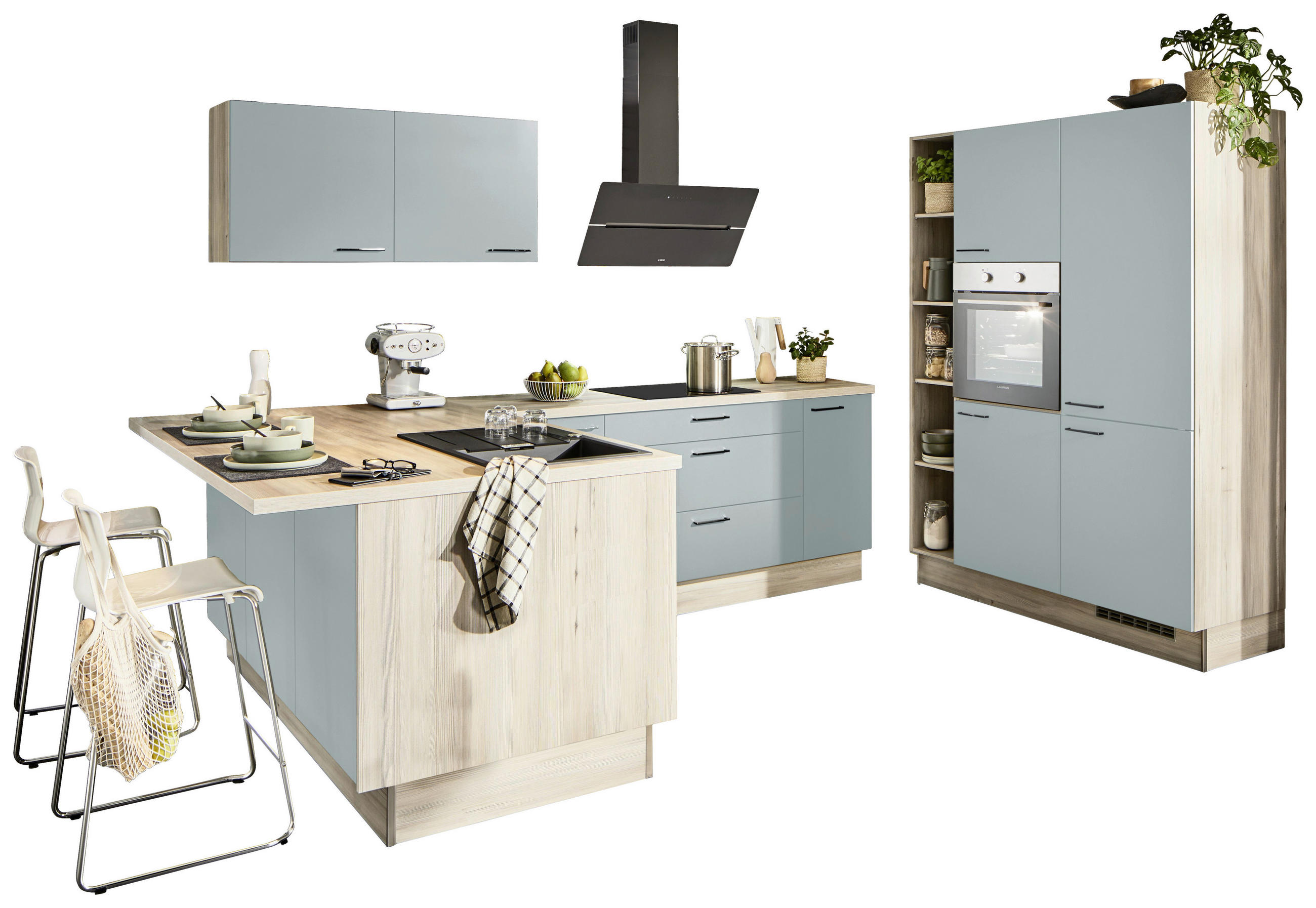 ECKKÜCHE XO 10  in Salbeigrün, Tannenholzfarben  - Salbeigrün/Tannenholzfarben, Design, Holzwerkstoff/Metall (121,6/280/150cm) - Xora