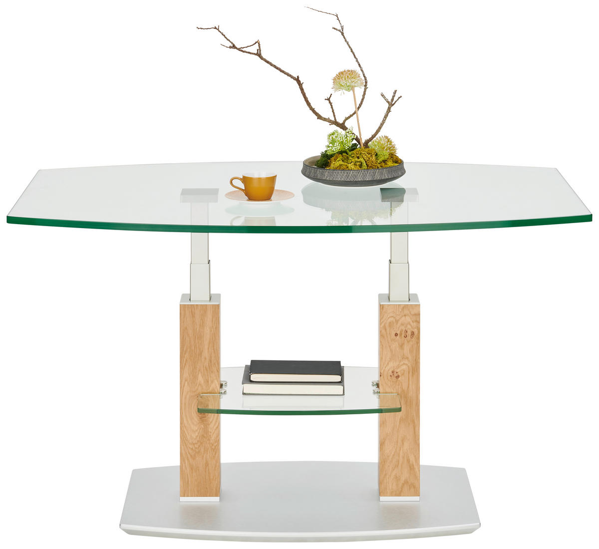 COUCHTISCH Eiche massiv Klarglas 110/70/46-65 cm bootsförmig Eichefarben, Edelstahlfarben  - Edelstahlfarben/Eichefarben, Natur, Glas/Holz (110/70/46-65cm)