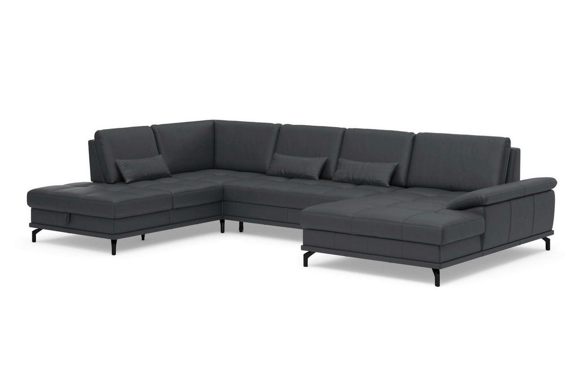 WOHNLANDSCHAFT COSTELLO E Schwarz Kombination Echtleder/Stoff Mikrofaser  - Schwarz, Basics, Leder/Textil (223/363/176cm) - Sit & More