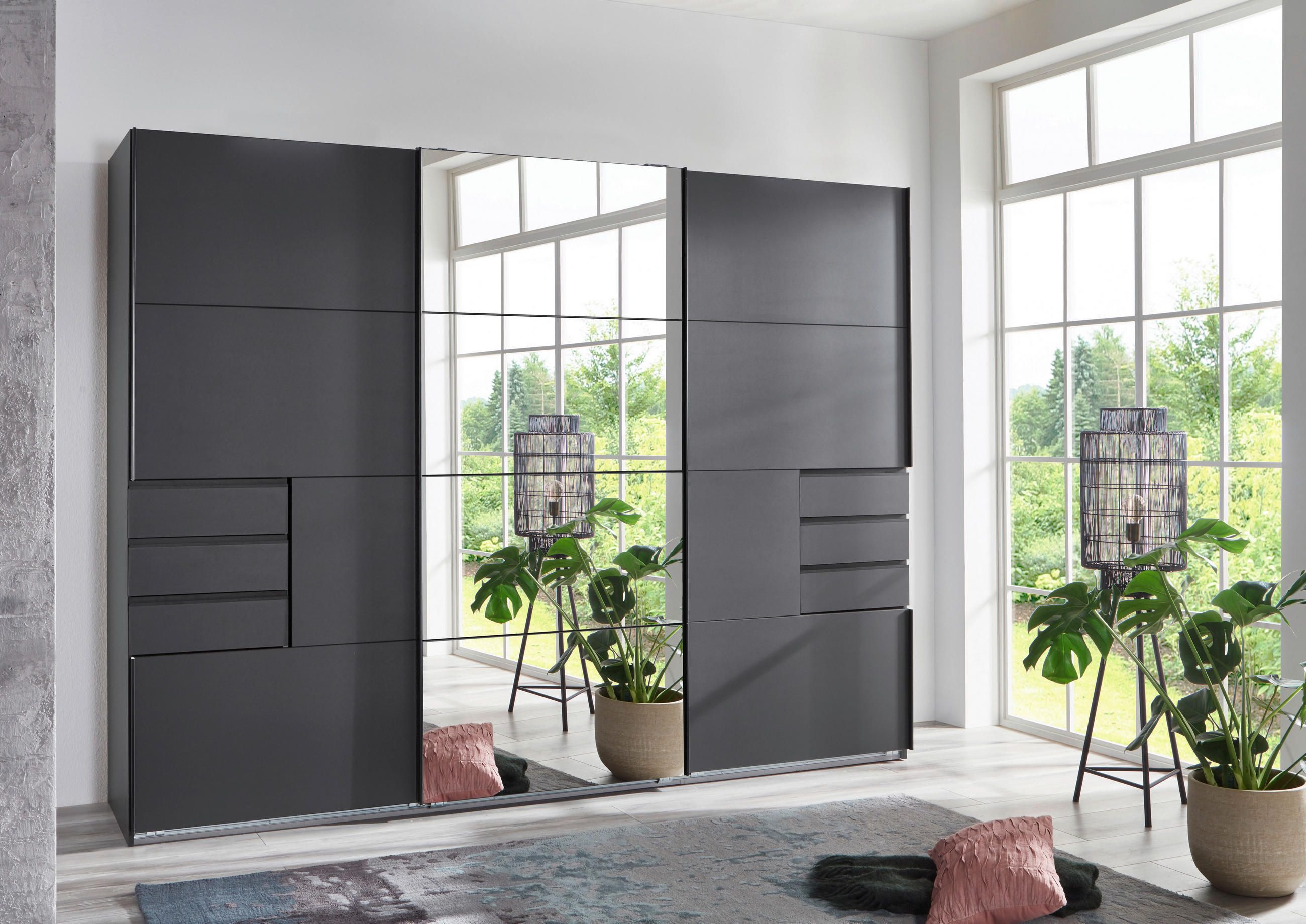 SCHWEBETÜRENSCHRANK 270/210/64 cm 3-türig - Anthrazit/Graphitfarben, KONVENTIONELL, Glas/Holzwerkstoff (270/210/64cm) - MID.YOU