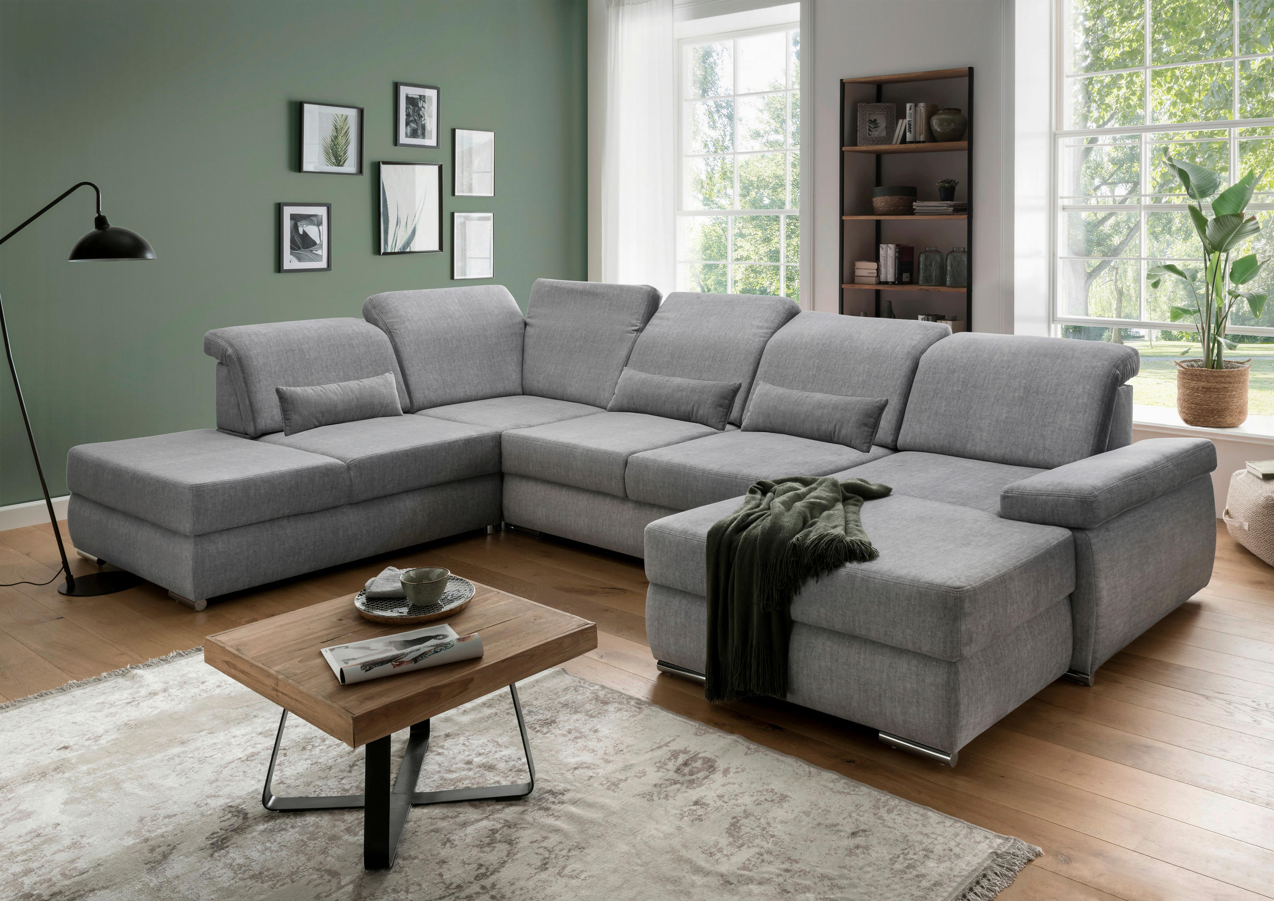 Wohnlandschaft mit Schlaffkt Silberfarben Velours  - Chromfarben/Silberfarben, MODERN, Holz/Textil (250/375/186cm) - Livetastic