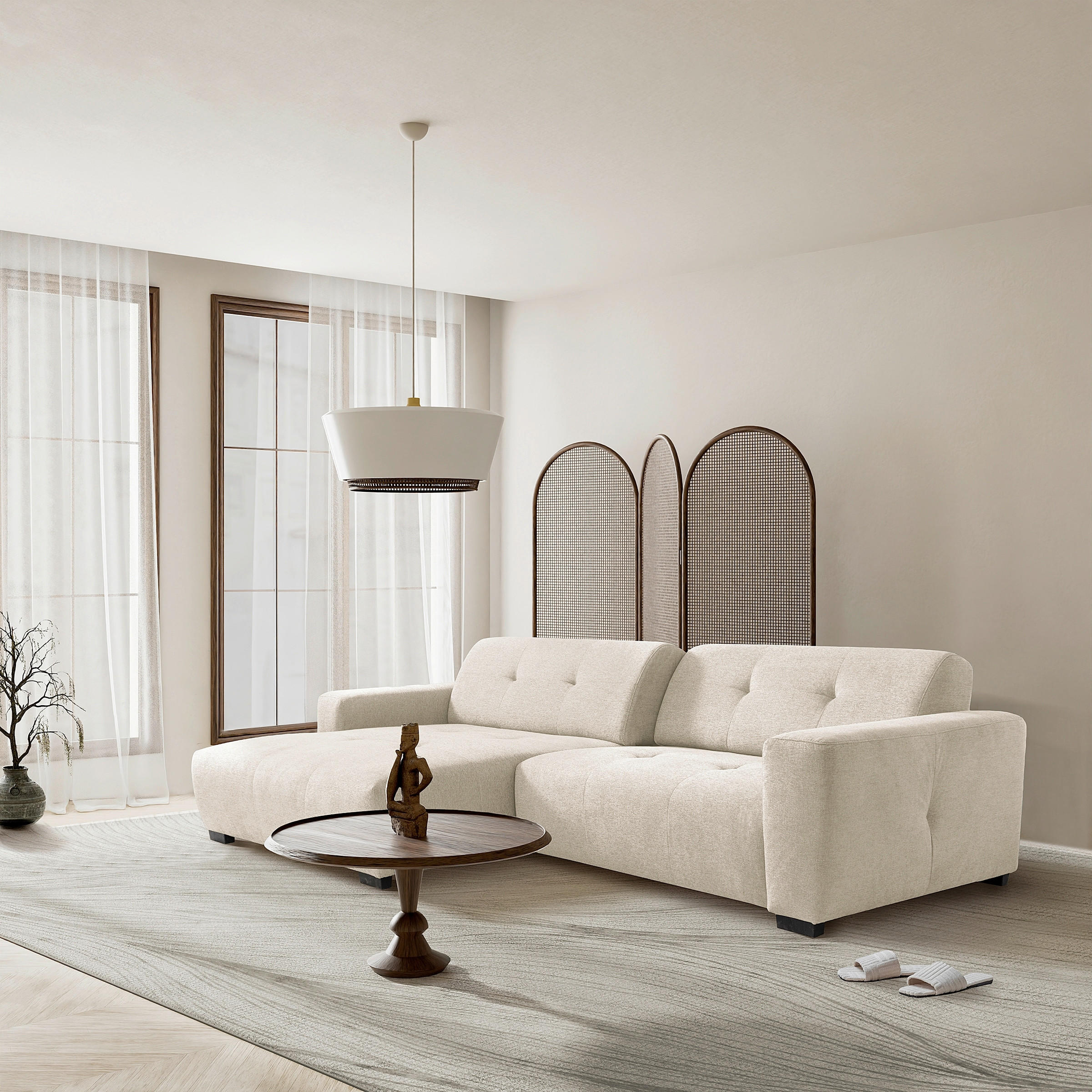 ECKSOFA AUSTIN Beige Flachgewebe Sitztiefenverstellung  - Beige/Schwarz, Design, Kunststoff/Textil (169/286cm) - Livetastic