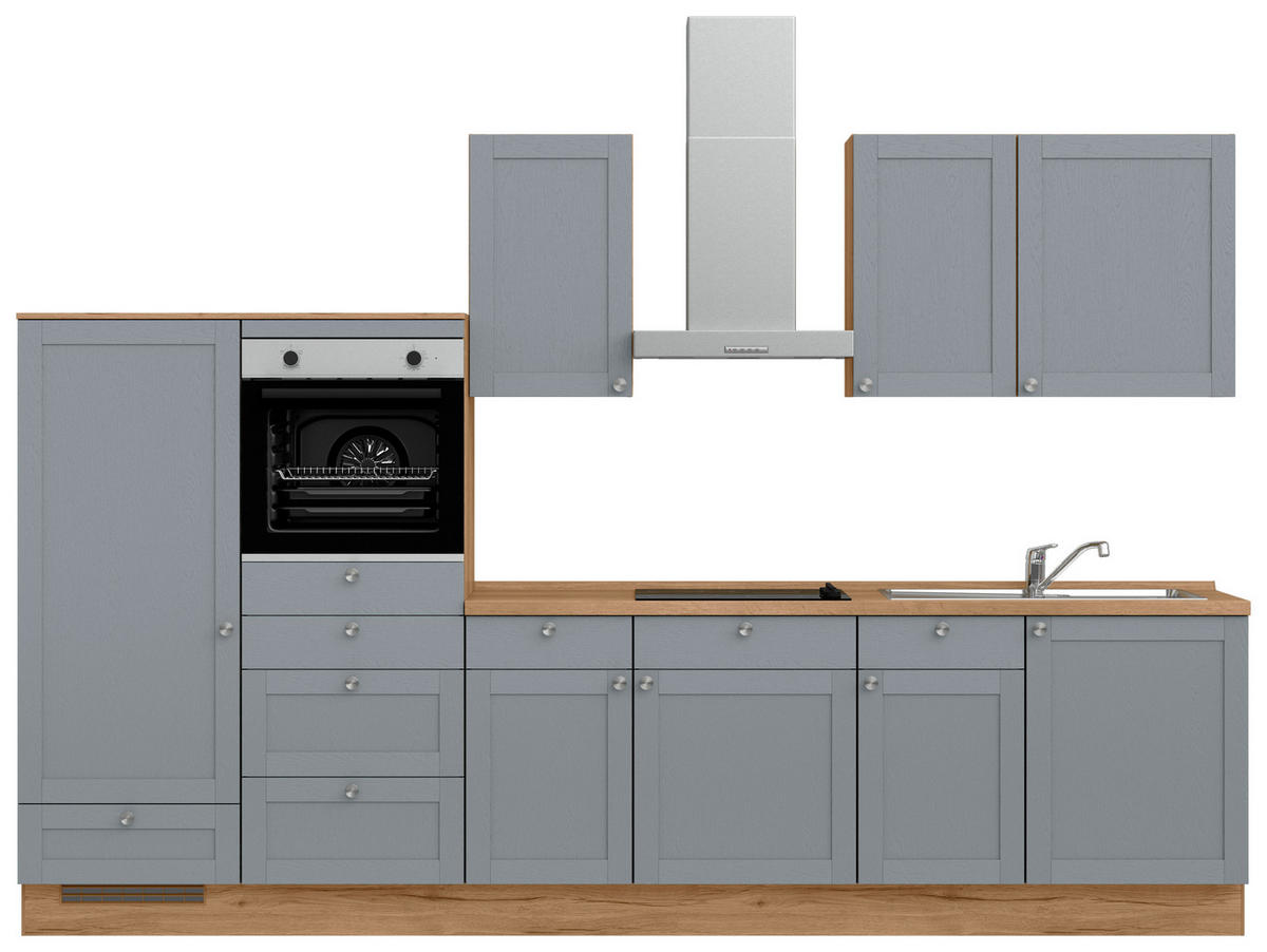 KÜCHENBLOCK Frame 330 cm  in Eichefarben, Blaugrau  - Edelstahlfarben/Eichefarben, MODERN, Holzwerkstoff/Metall (330cm) - Nobilia
