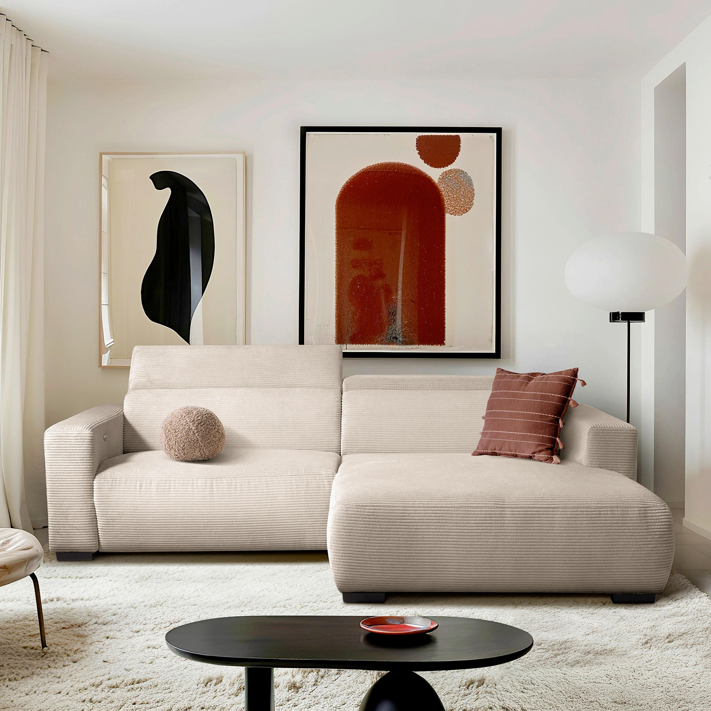 ECKSOFA RENO Hellgrau Cord Relaxfunktion, Kopfteilverstellung  - Hellgrau/Schwarz, Design, Kunststoff/Textil (248/184cm) - Livetastic