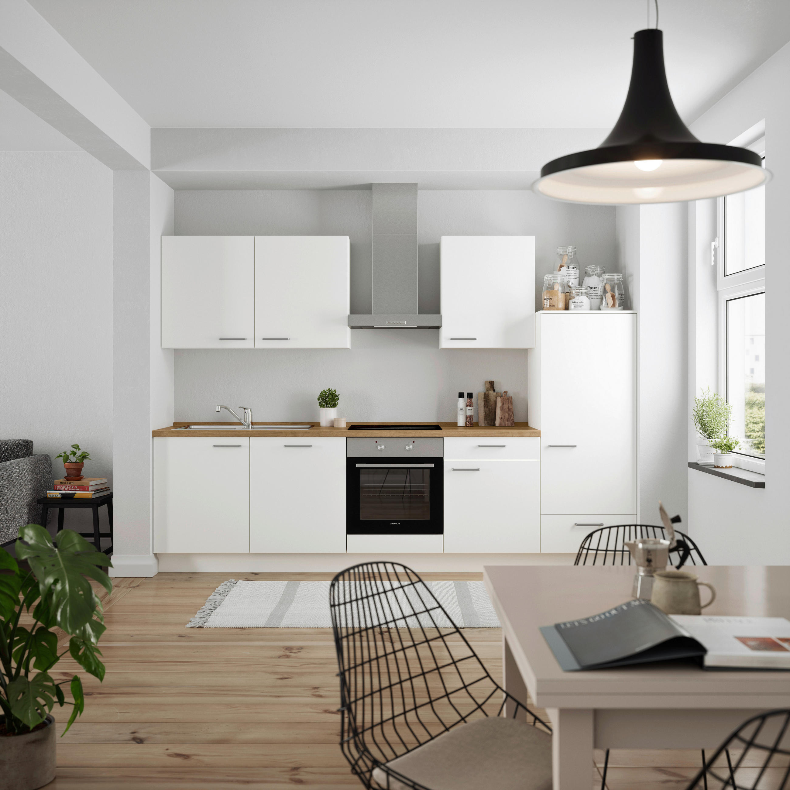 KÜCHENBLOCK Touch 300 cm  in Weiß, Eichefarben  - Edelstahlfarben/Eichefarben, MODERN, Holzwerkstoff/Metall (300cm) - Nobilia