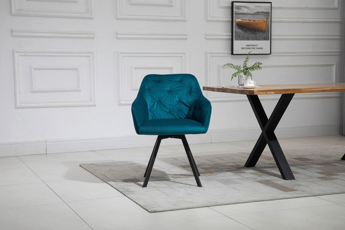 ARMLEHNSTUHL  in Samt  - Türkis/Schwarz, MODERN, Textil/Metall (61/85/62cm) - Livetastic