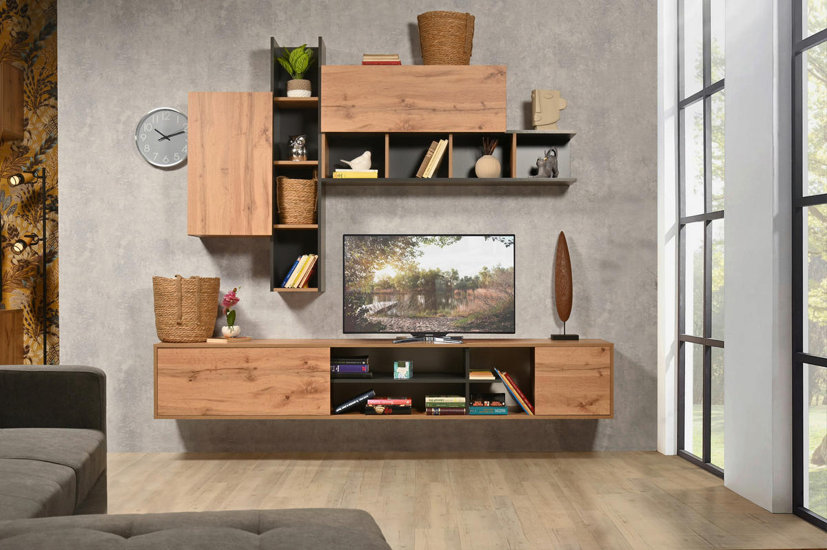 FLEKSIBILNI REGAL ZA SOBU grafitno siva, hrast wotan   - hrast wotan/grafitno siva, Moderno, pločasti materijal (220/180/40cm) - Mömax