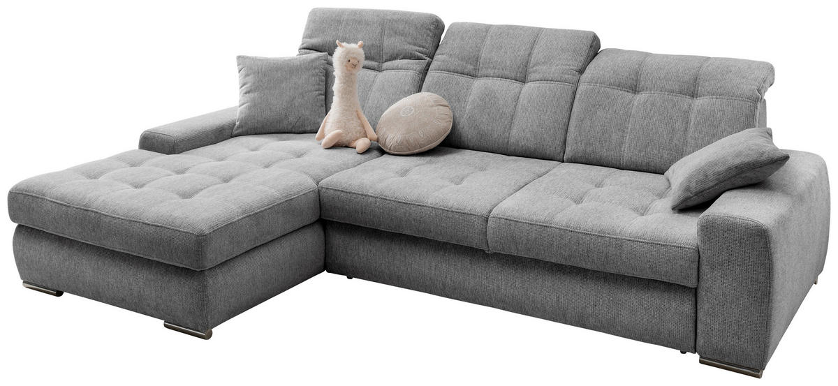ECKSOFA FRIDO Dunkelgrau Chenille Rücken echt, Kopfteilverstellung, Sitztiefenverstellung  - Chromfarben/Dunkelgrau, KONVENTIONELL, Textil/Metall (186/283cm) - Livetastic