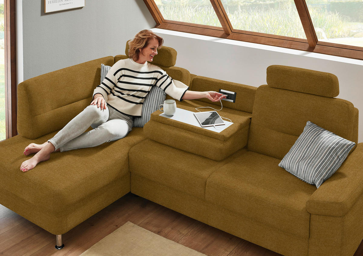 ECKSOFA Flachgewebe Currygelb  - Currygelb/Alufarben, Konventionell, Textil/Metall (160/244cm) - Beldomo Comfort