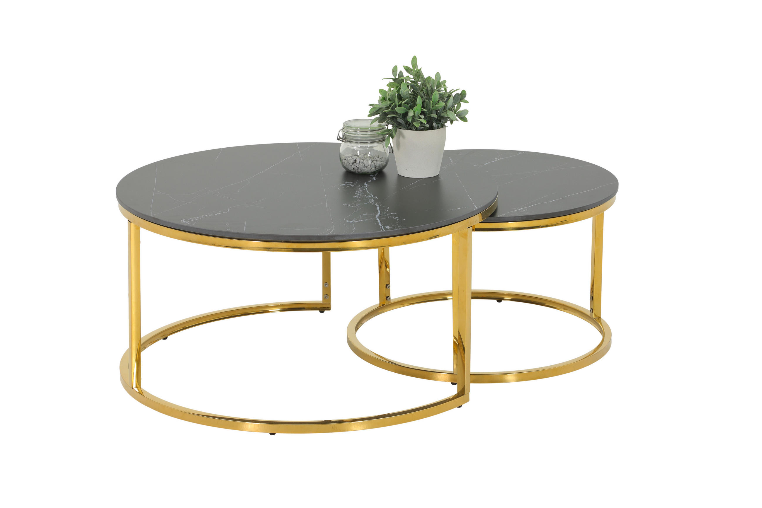 COUCHTISCHSET rund Schwarz  - Goldfarben/Schwarz, Design, Stein/Metall (80/60/41/37cm) - Livetastic