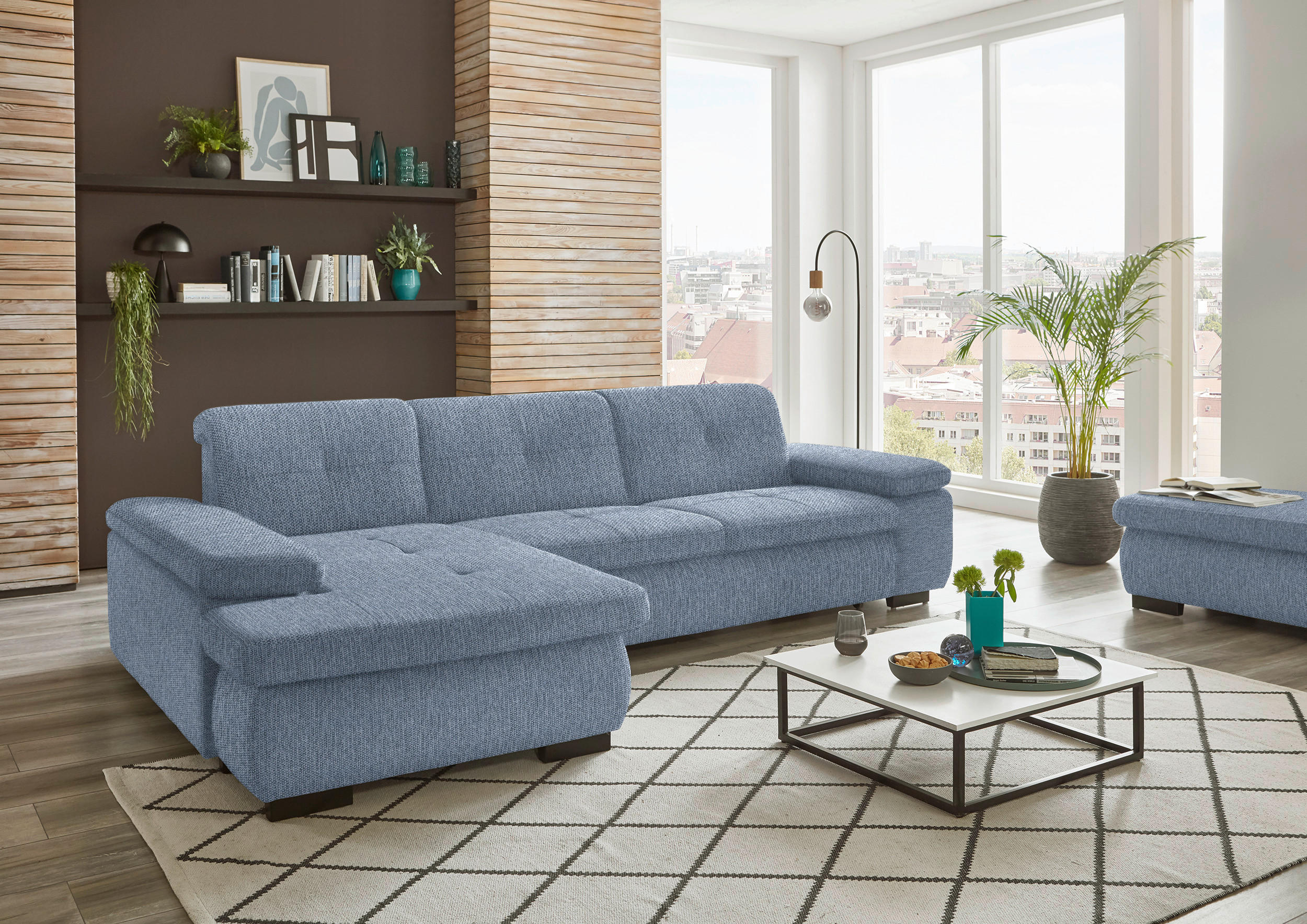 ECKSOFA in Flachgewebe Blau  - Blau/Schwarz, Design, Textil/Metall (174/297cm) - Beldomo Style