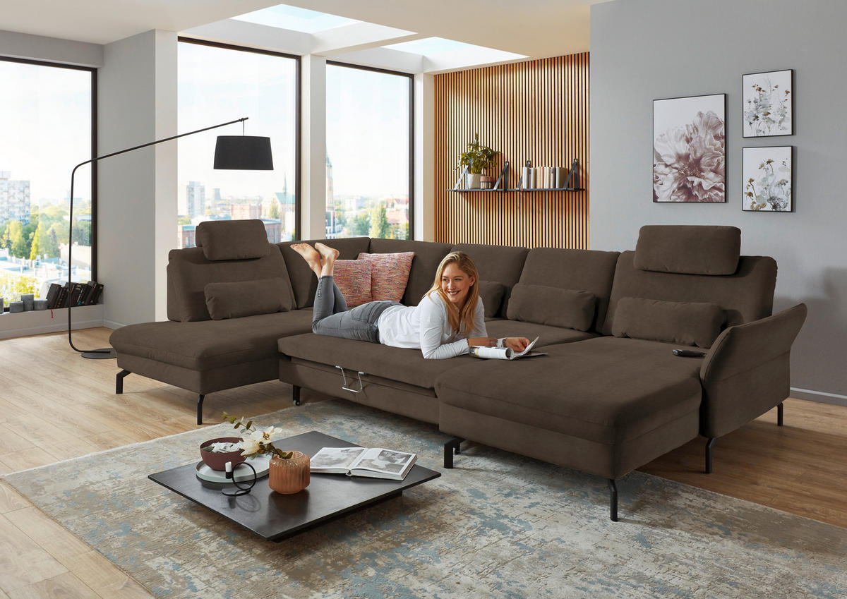 WOHNLANDSCHAFT in Velours Braun  - Schwarz/Braun, Design, Textil/Metall (220/335/179cm) - Beldomo System