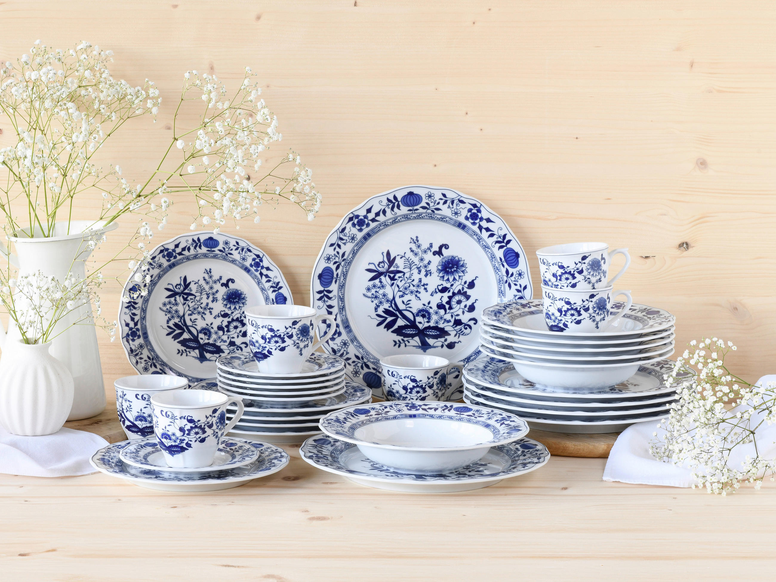 KOMBISERVICE Blau, Weiß 30-teilig Flora Zwiebelmuster  - Blau/Weiß, Design, Keramik - Creatable