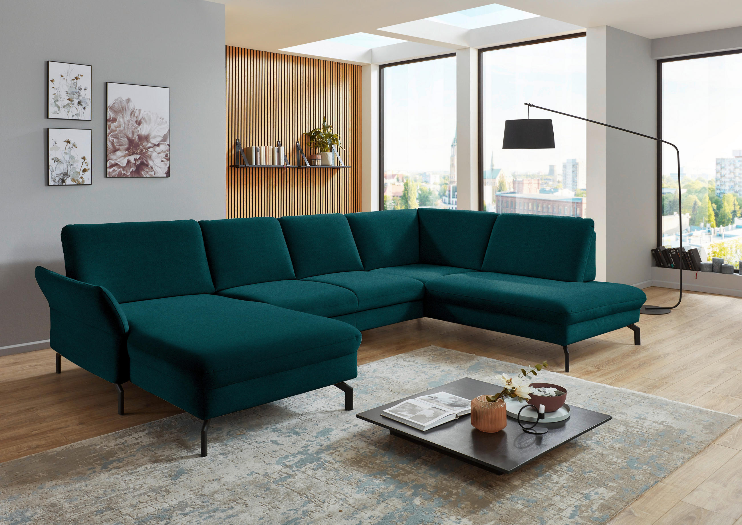 WOHNLANDSCHAFT in Velours Petrol  - Petrol/Schwarz, Design, Textil/Metall (179/335/220cm) - Beldomo System
