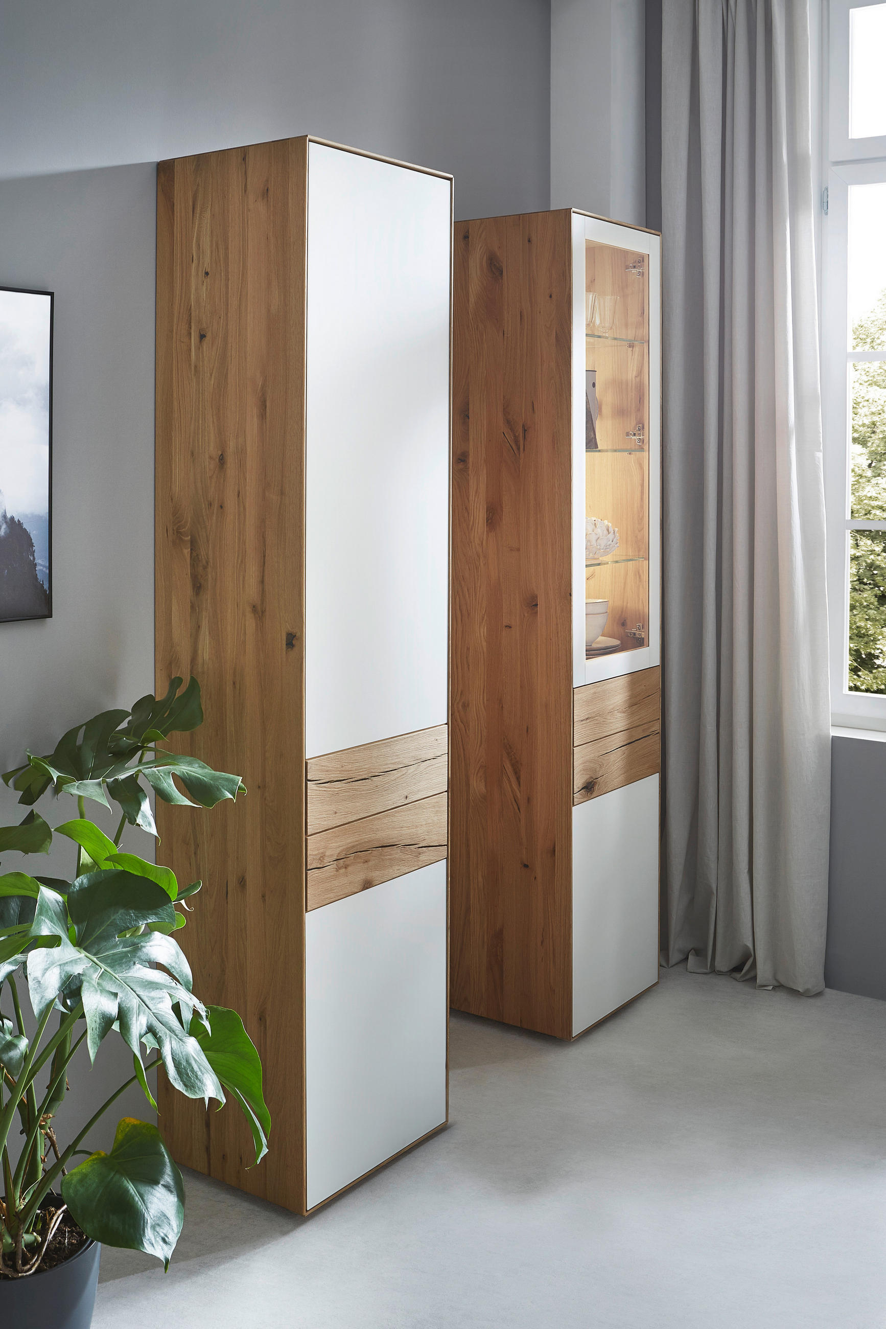 DREHTÜRENSCHRANK 47/205,5/40 cm 1-türig Weiß, Eichefarben  - Eichefarben/Weiß, Design, Glas/Holz (47/205,5/40cm) - Valnatura