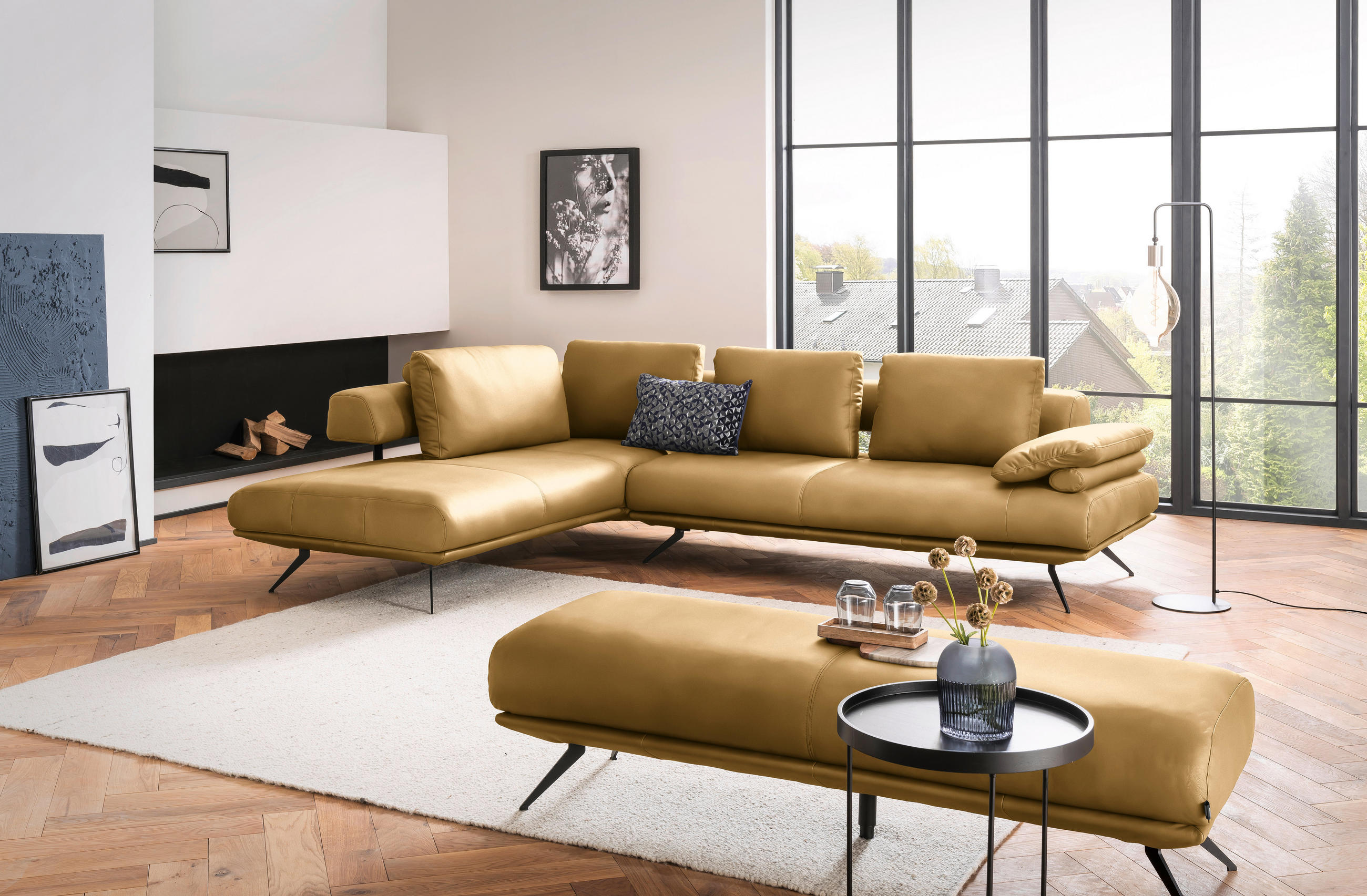 ECKSOFA in Echtleder Currygelb  - Currygelb/Schwarz, Design, Leder/Metall (231/305cm) - Dieter Knoll