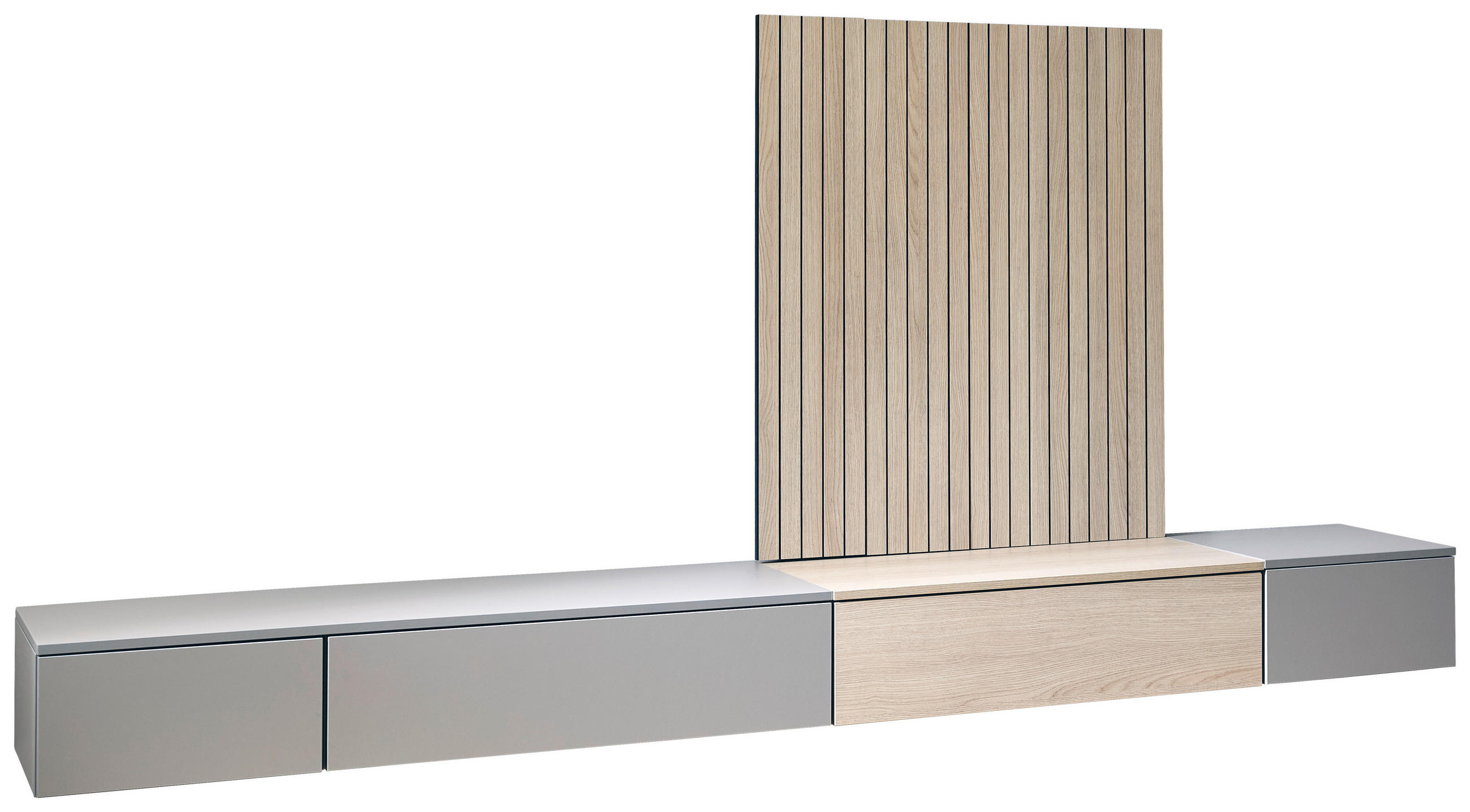 Thumbnail - Moderano Wohnwand, Grau, Eiche, Holzwerkstoff, 1 Schubladen, 300x144x45 cm, Handmade in Germany, individuell planbar, Be...