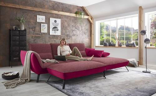 ECKSOFA in Flachgewebe Aubergine  - Aubergine/Schwarz, Design, Textil/Metall (301/191cm) - Moderano