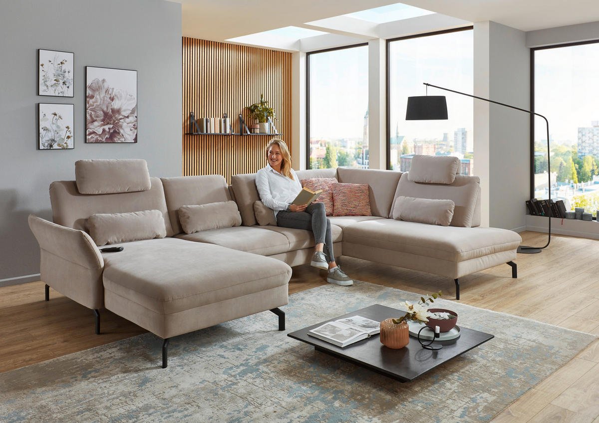 WOHNLANDSCHAFT in Velours Graubraun  - Graubraun/Schwarz, Design, Textil/Metall (220/335/179cm) - Beldomo System