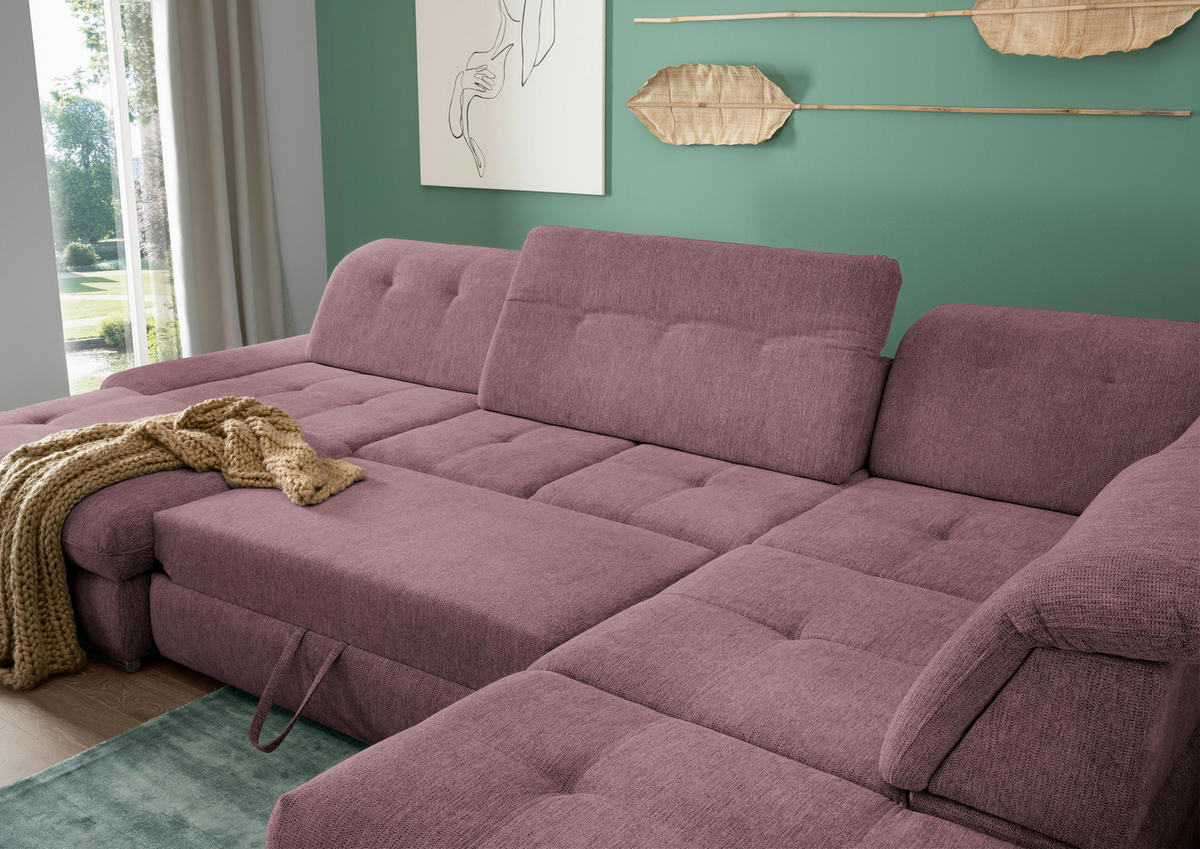 WOHNLANDSCHAFT in Chenille Brombeere  - Chromfarben/Brombeere, Design, Textil/Metall (195/376/254cm) - Livetastic