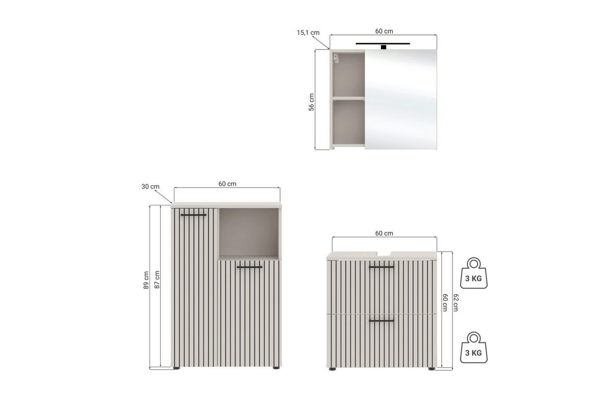 Baie 3 piese, 135 cm - cașmir/negru, Trend, sticlă/metal (135cm) - Respekta