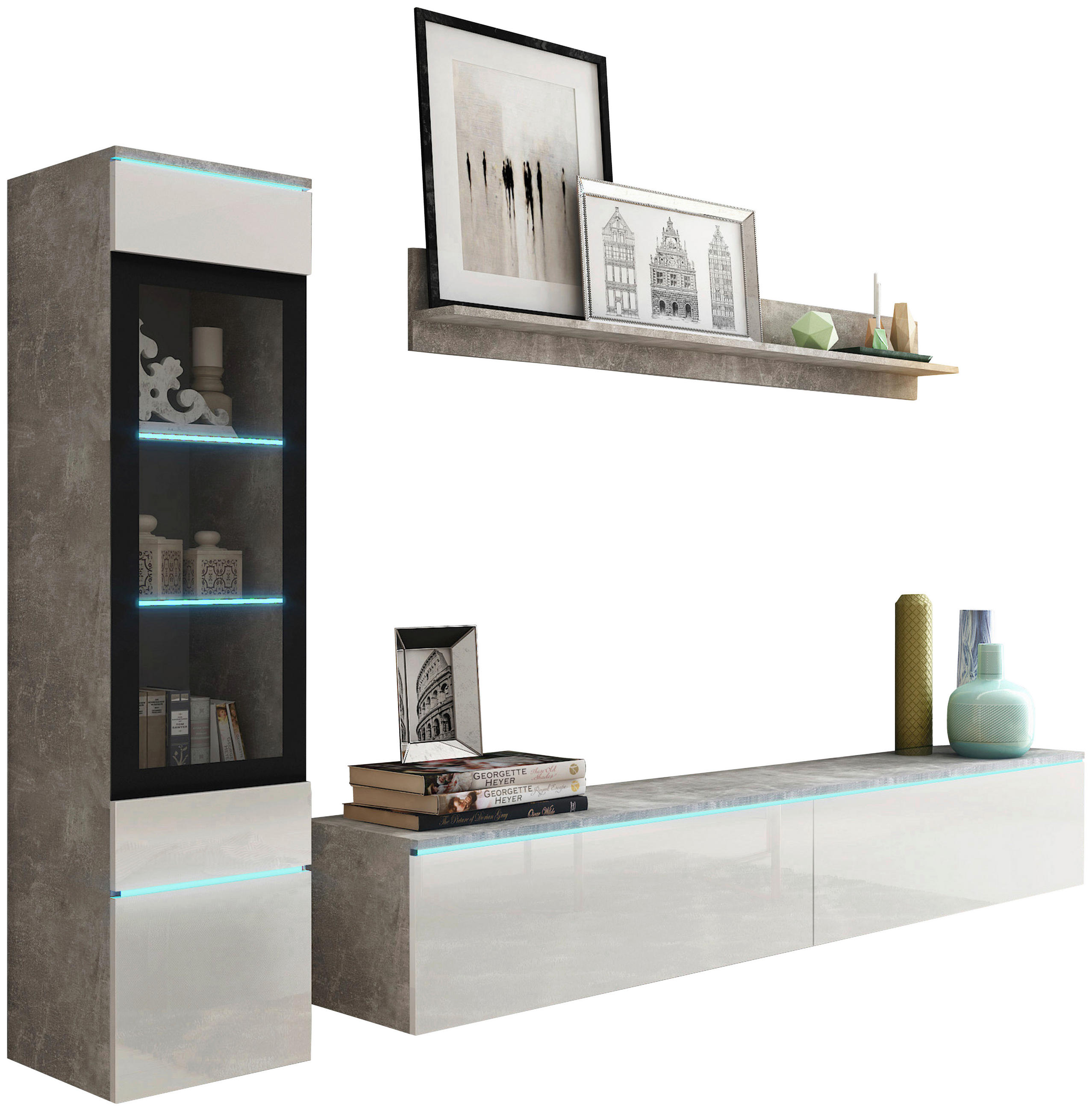 WOHNWAND Vera 3-teilig  in Grau, Weiß Hochglanz  210/130/33 cm  - Weiß Hochglanz/Grau, LIFESTYLE, Glas/Holzwerkstoff (210/130/33cm) - P & B