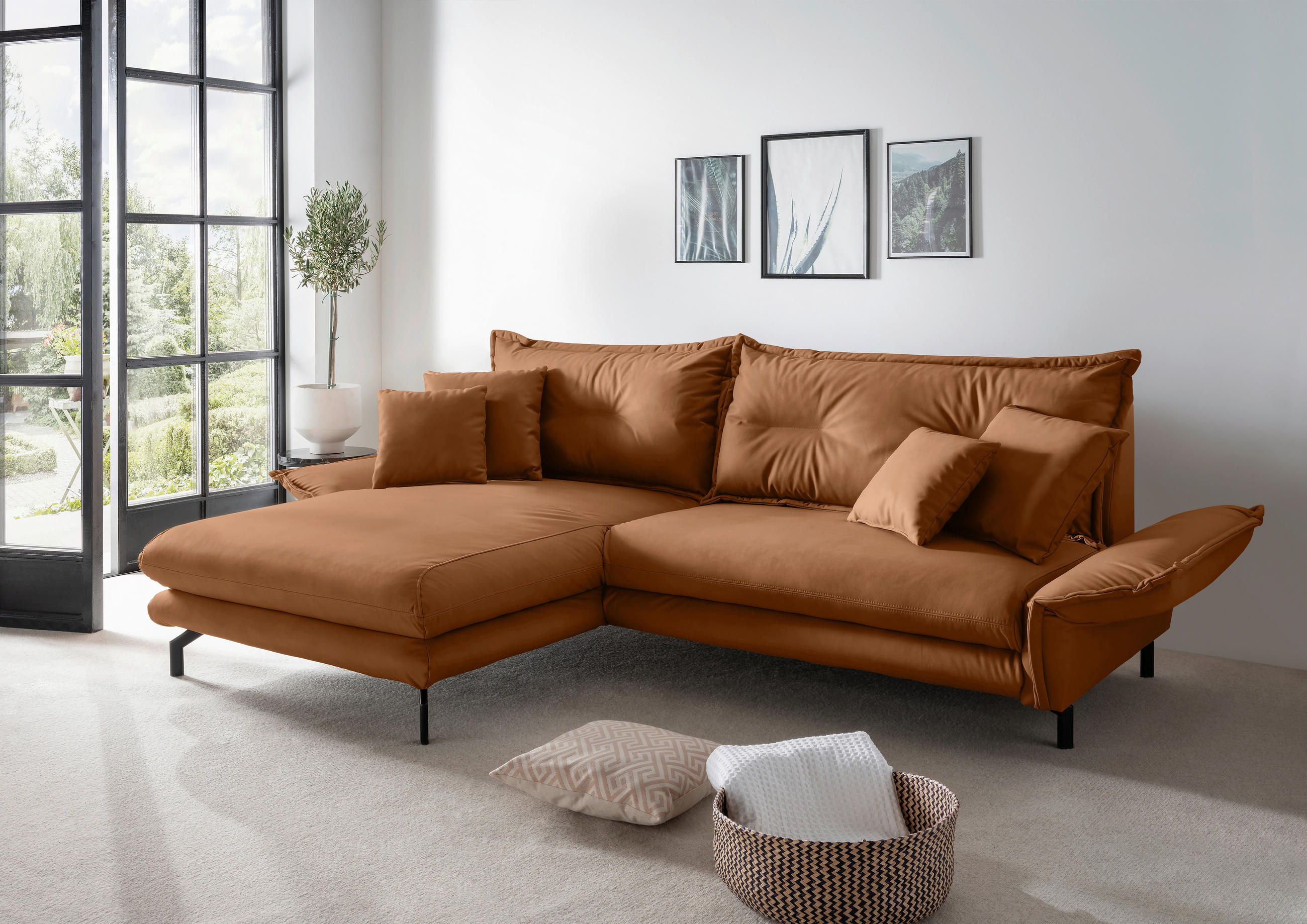 ECKSOFA Cognac Lederlook  - Cognac/Schwarz, MODERN, Textil/Metall (180/255cm) - Livetastic