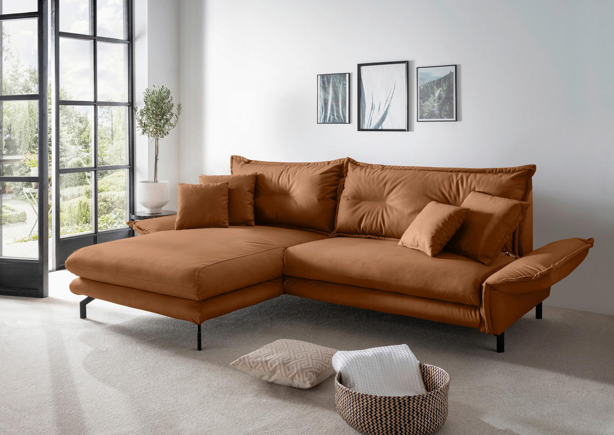 ECKSOFA in Lederlook Cognac  180/255 cm  - Cognac/Schwarz, MODERN, Textil/Metall (180/255cm) - Livetastic