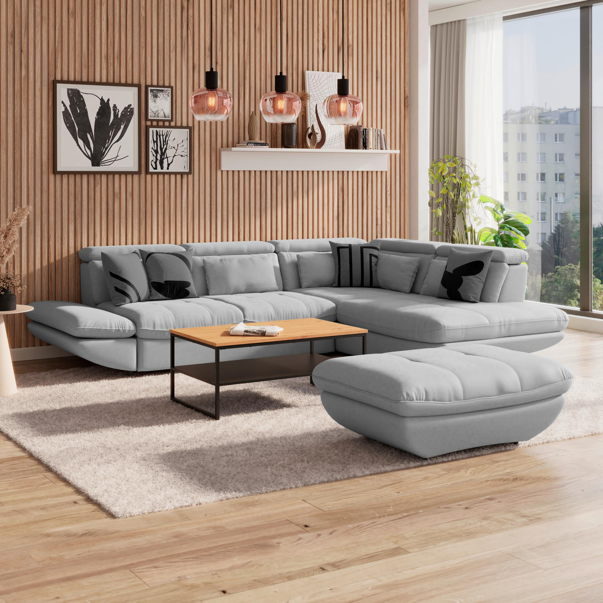 WOHNLANDSCHAFT Hellgrau Mikrofaser  - Hellgrau/Schwarz, MODERN, Kunststoff/Textil (311/233cm) - MID.YOU