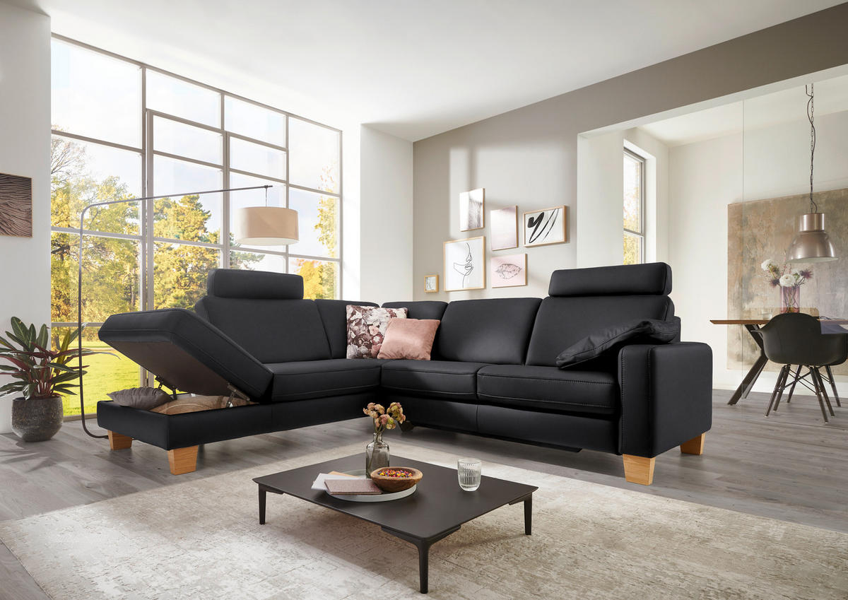 ECKSOFA in Echtleder Anthrazit  - Eiche Bianco/Anthrazit, Konventionell, Leder/Holz (235/257cm) - Valdera