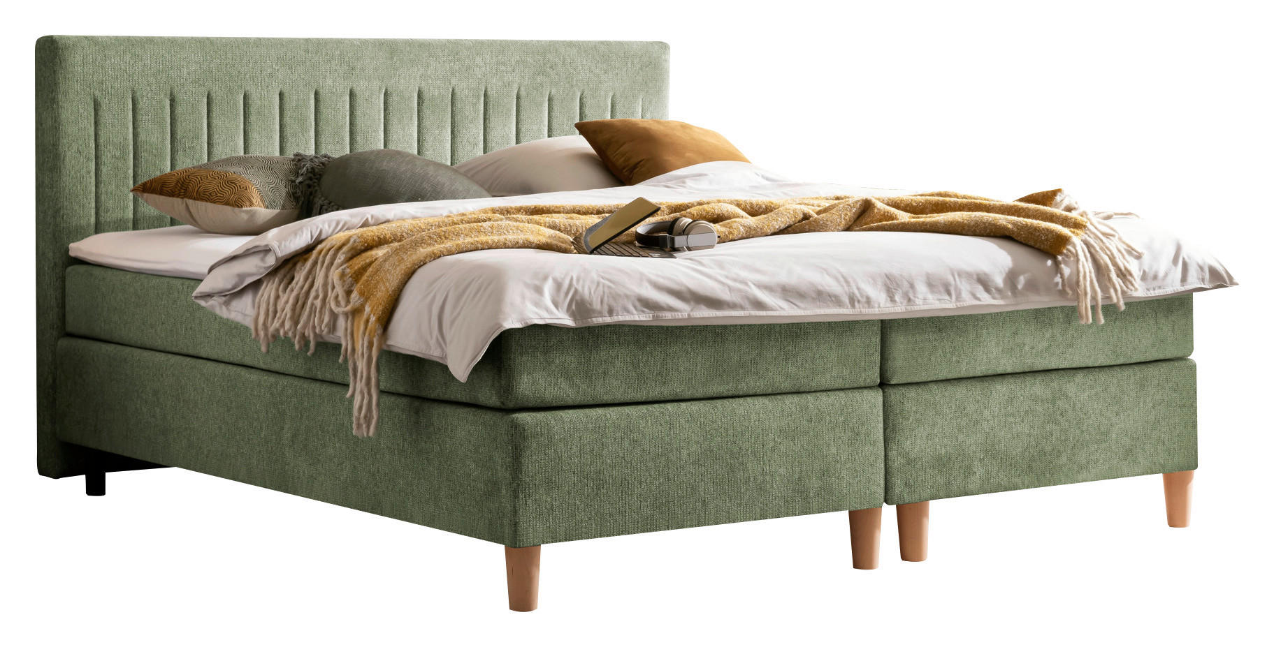BOXSPRINGBETT 180/200 cm,  in Grün, Matratze, Topper, H2 + H3 = mittel + fest  - Buchefarben/Grün, Basics, Holz/Textil (180/200cm) - Boxxx