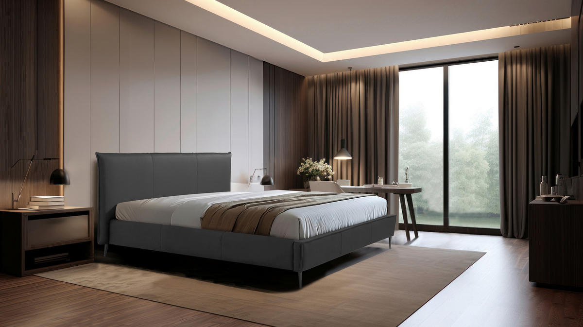 POLSTERBETT 140/200 cm,  in Anthrazit, gepolstertes Kopfteil, Lattenrost, Bettkasten,  - Anthrazit/Schwarzchrom, KONVENTIONELL, Leder/Holz (140/200cm) - Esposa