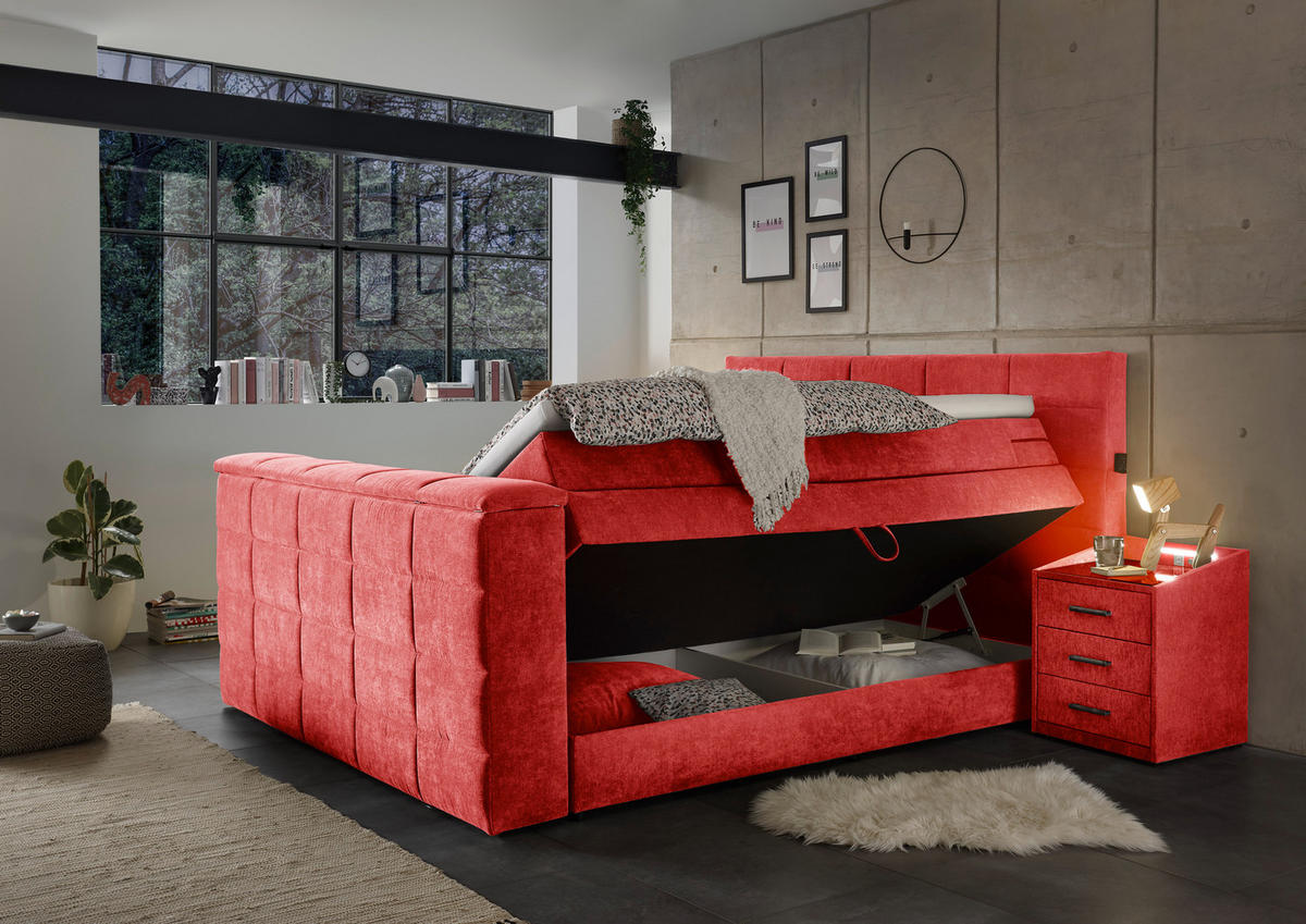 BOXSPRINGBETT 180/200 cm,  in Rot, Matratze, Bettkasten, Topper, Fernbedienung, unterschiedliche Matratzenhärtegrade je Bettseite, Wendematratze mit unterschiedlichen Härtegraden, H2 + H3 = mittel + fest  - Rot, KONVENTIONELL, Textil (180/200cm) - Boxxx