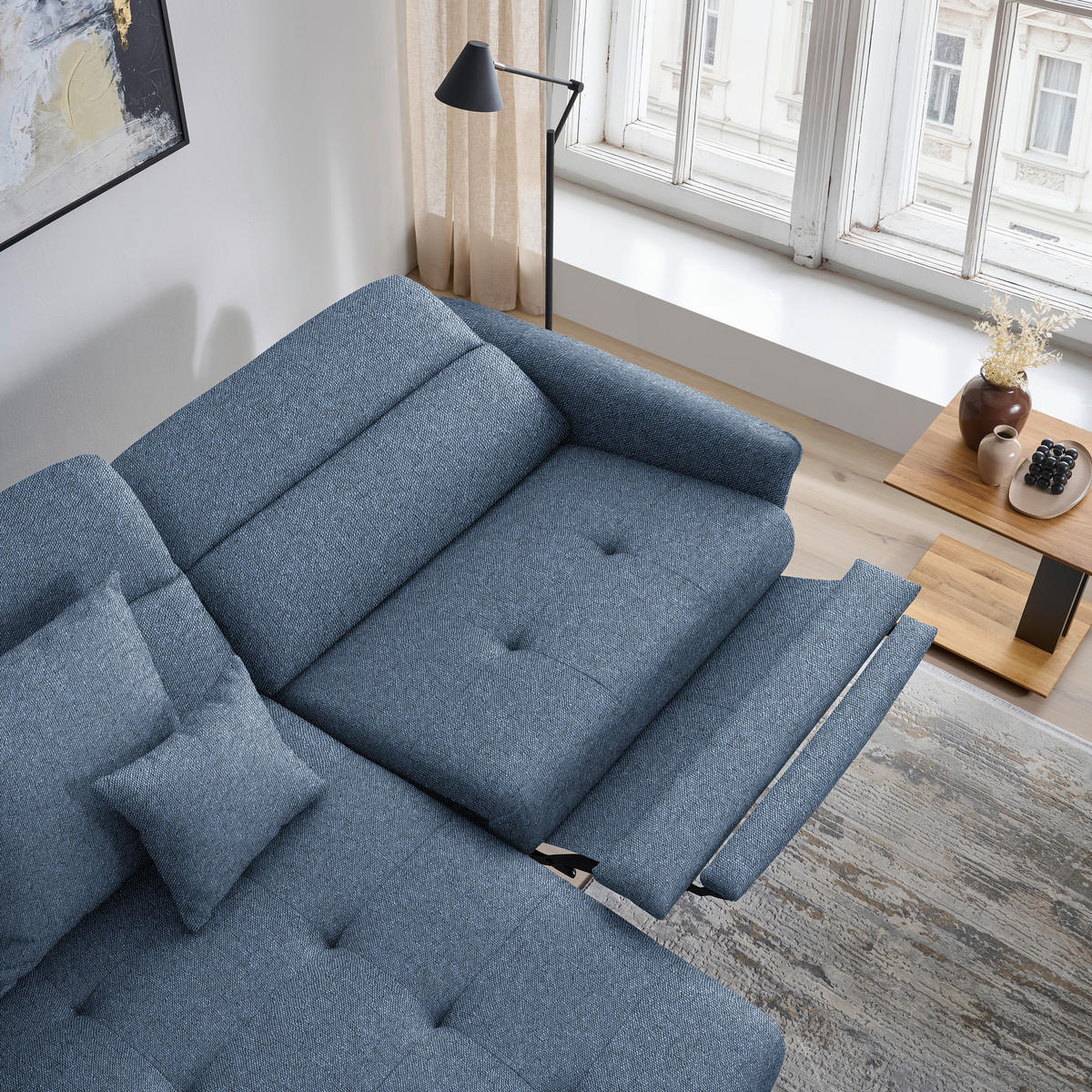 ECKSOFA MANTA in Flachgewebe Blau Bettkasten, Rücken echt, Relaxfunktion, Kopfteilverstellung  175/246 cm  - Blau/Schwarz, Design, Textil/Metall (175/246cm) - Celina