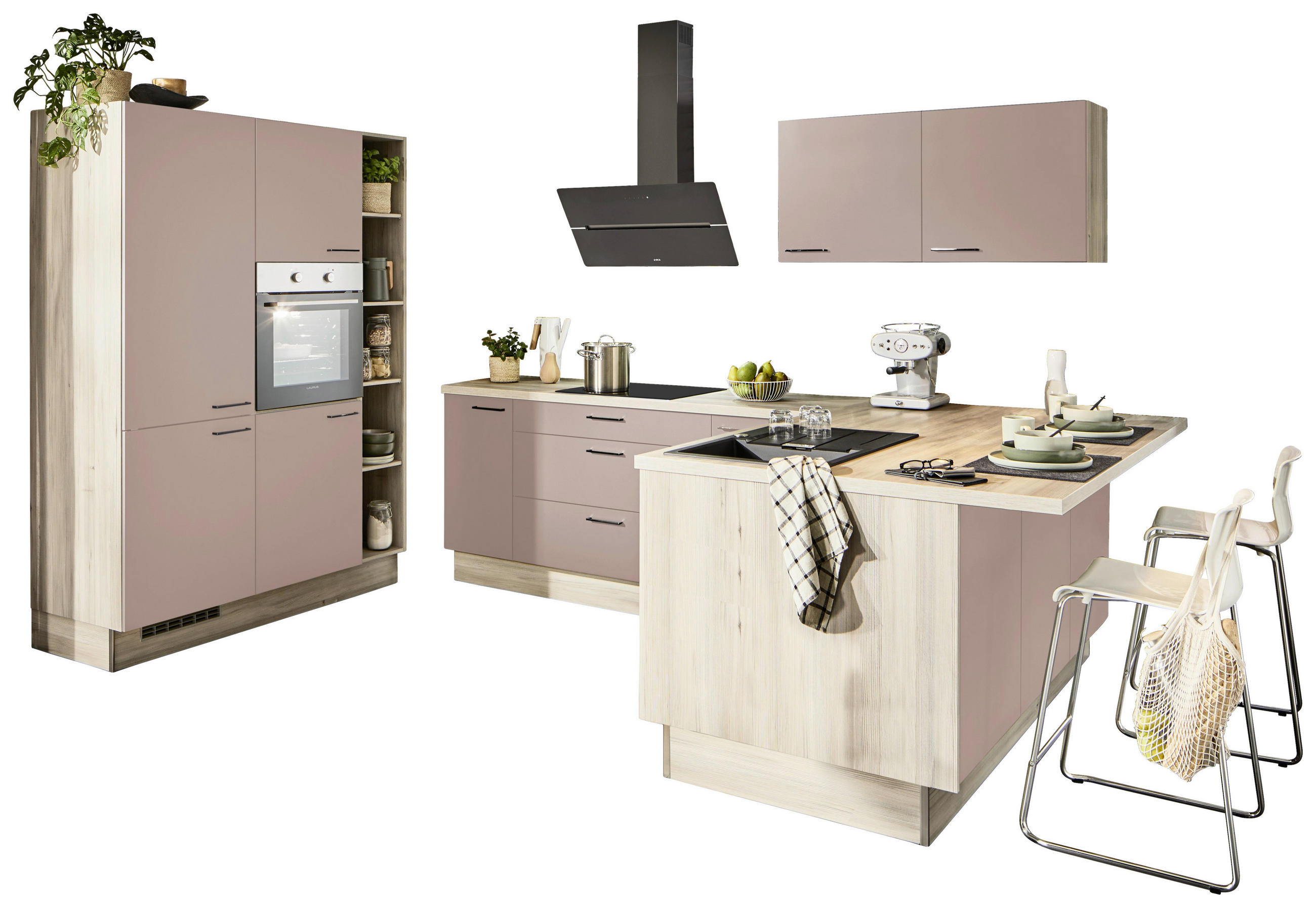 ECKKÜCHE  in Rosa, Tannenholzfarben  - Tannenholzfarben/Schwarz, Design, Holzwerkstoff/Metall (150/280/121,6cm) - Xora