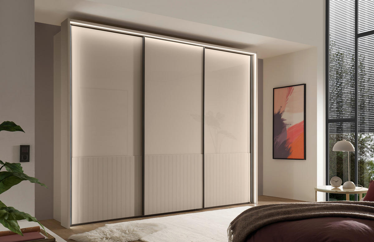 SCHWEBETÜRENSCHRANK 300/236/67 cm 3-türig Champagner  - Schieferfarben/Champagner, Design, Glas/Holzwerkstoff (300/236/67cm) - Dieter Knoll