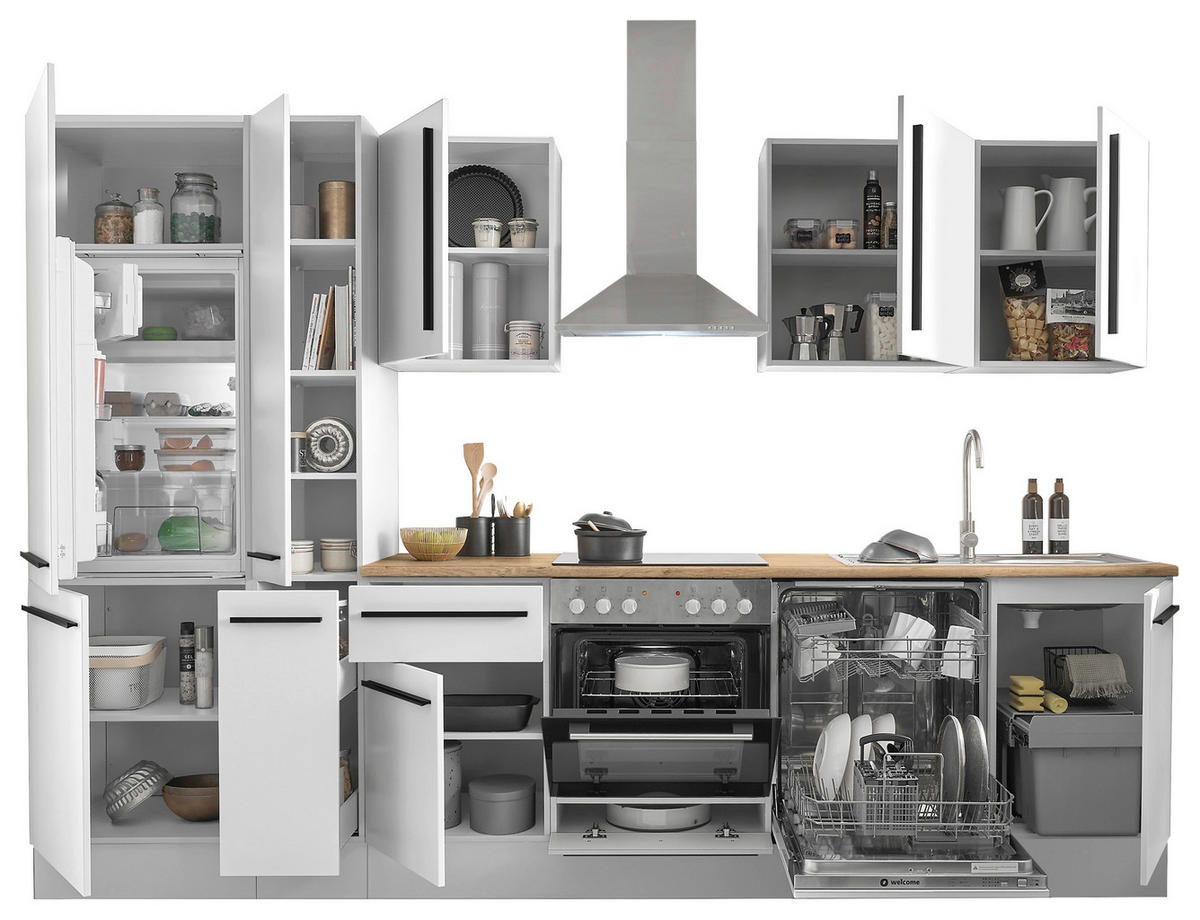 KÜCHENBLOCK 310 cm   in Weiß, Eichefarben  - Eichefarben/Schwarz, Design, Holzwerkstoff/Kunststoff (310cm) - MID.YOU