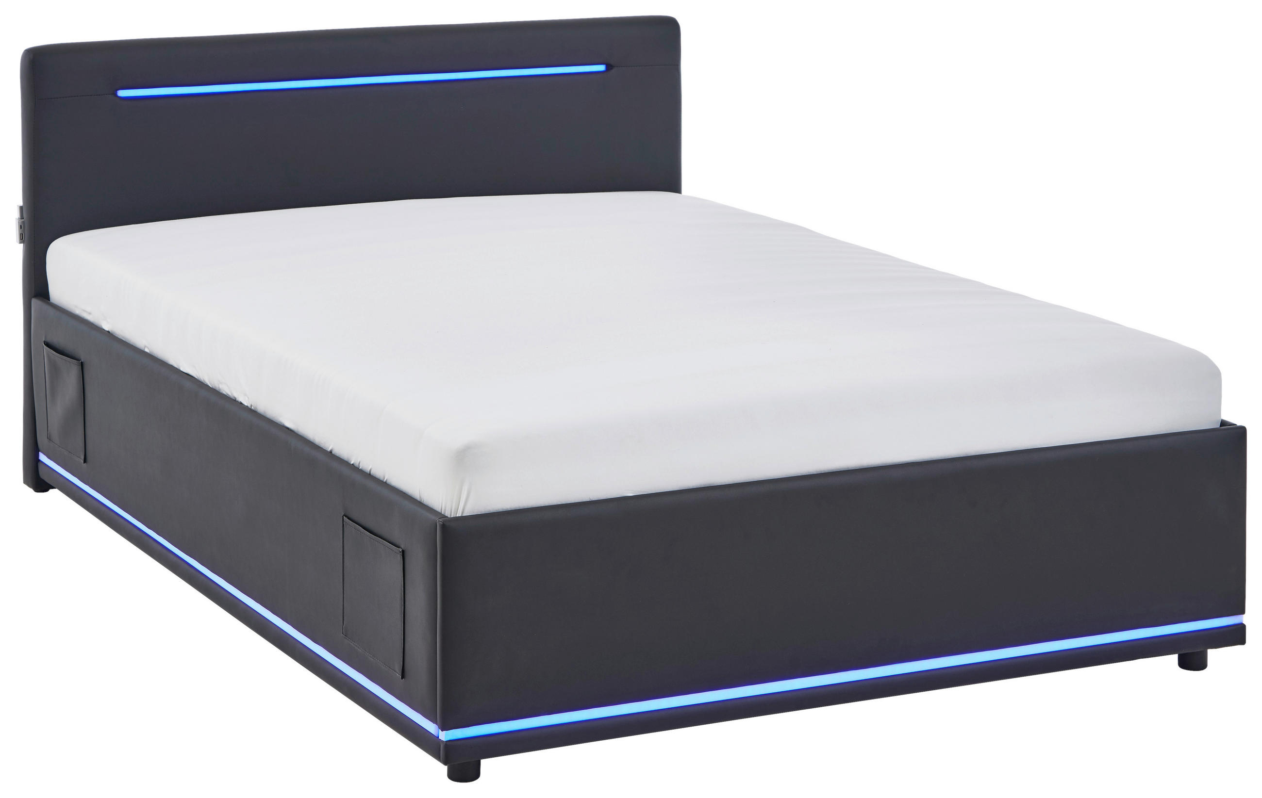 POLSTERBETT 120/200 cm,  in Schwarz, Beleuchtung, Lattenrost, Bettkasten,  - Birkefarben/Buchefarben, Design, Holz/Kunststoff (120/200cm) - Xora