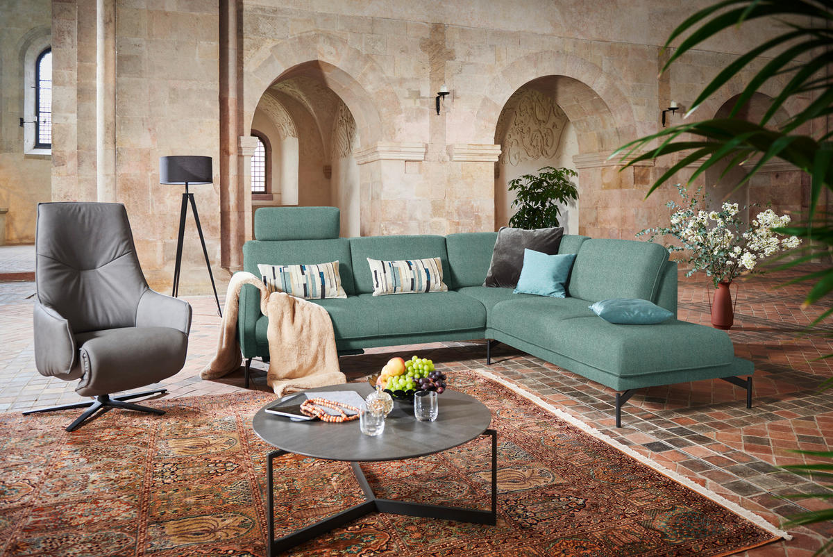 ECKSOFA in Flachgewebe, Struktur Türkis  254/230 cm  - Türkis/Anthrazit, Design, Textil/Metall (254/230cm) - Johann Jakob