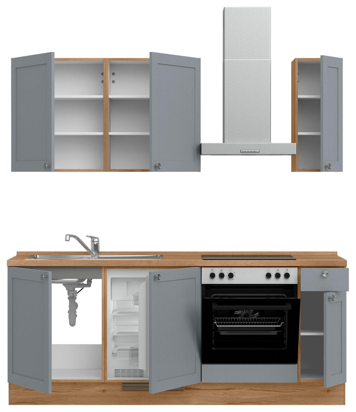 KÜCHENBLOCK Frame 210 cm  in Eichefarben, Blaugrau  - Edelstahlfarben/Eichefarben, MODERN, Holzwerkstoff/Metall (210cm) - Nobilia